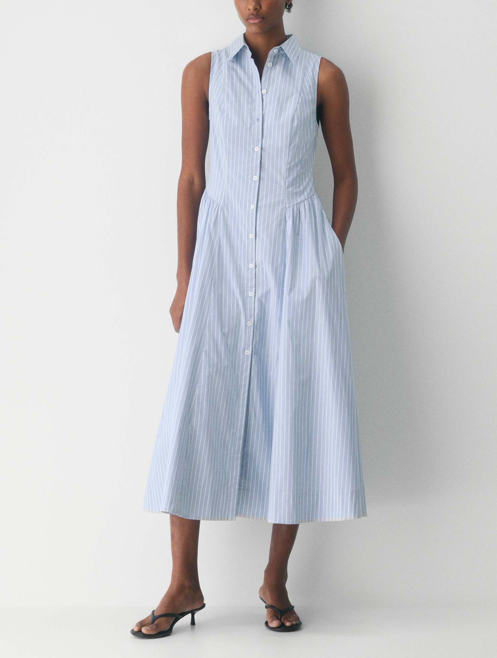 Striped Cotton Poplin Sleeveless Shirt Dress