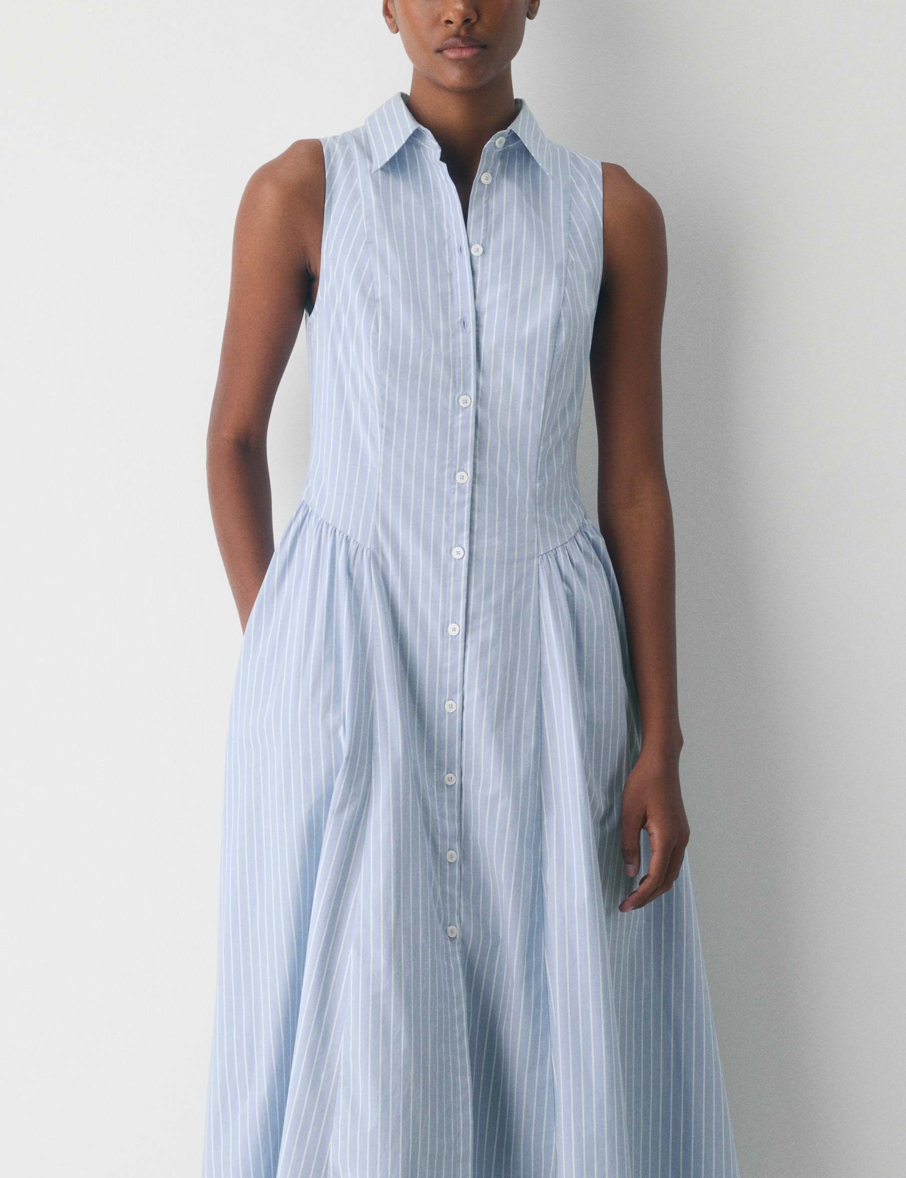Striped Cotton Poplin Sleeveless Shirt Dress