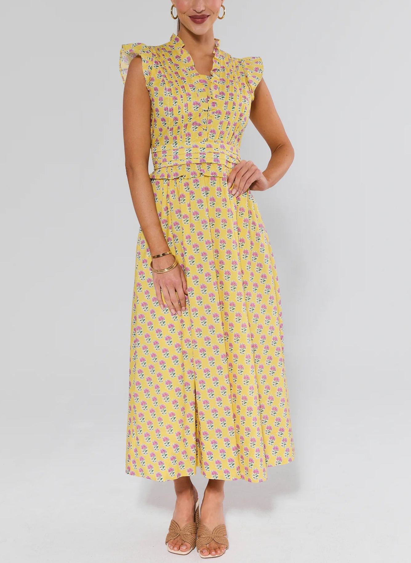 Stunning Yellow Floral Flutter Sleeves Dress