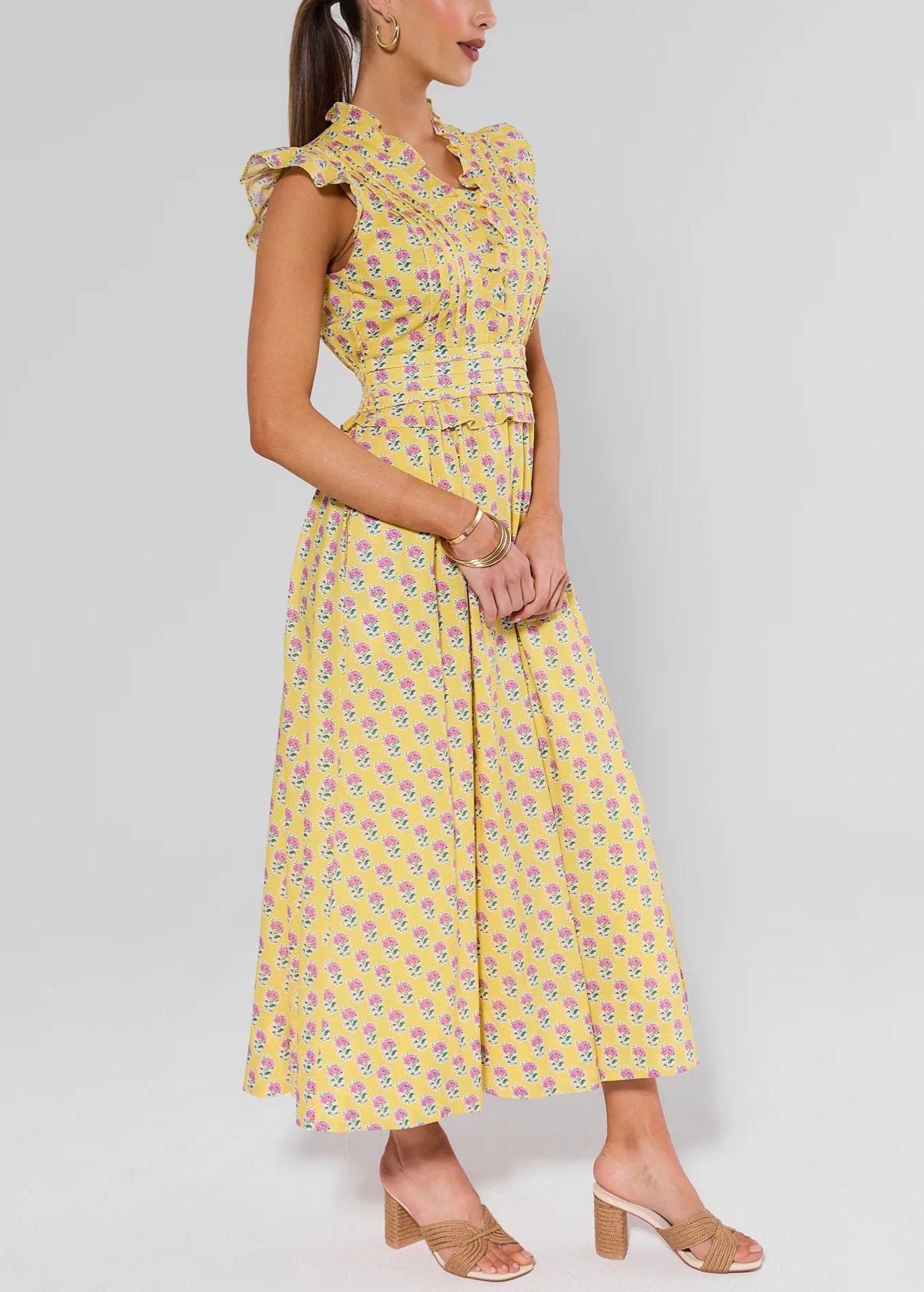 Stunning Yellow Floral Flutter Sleeves Dress
