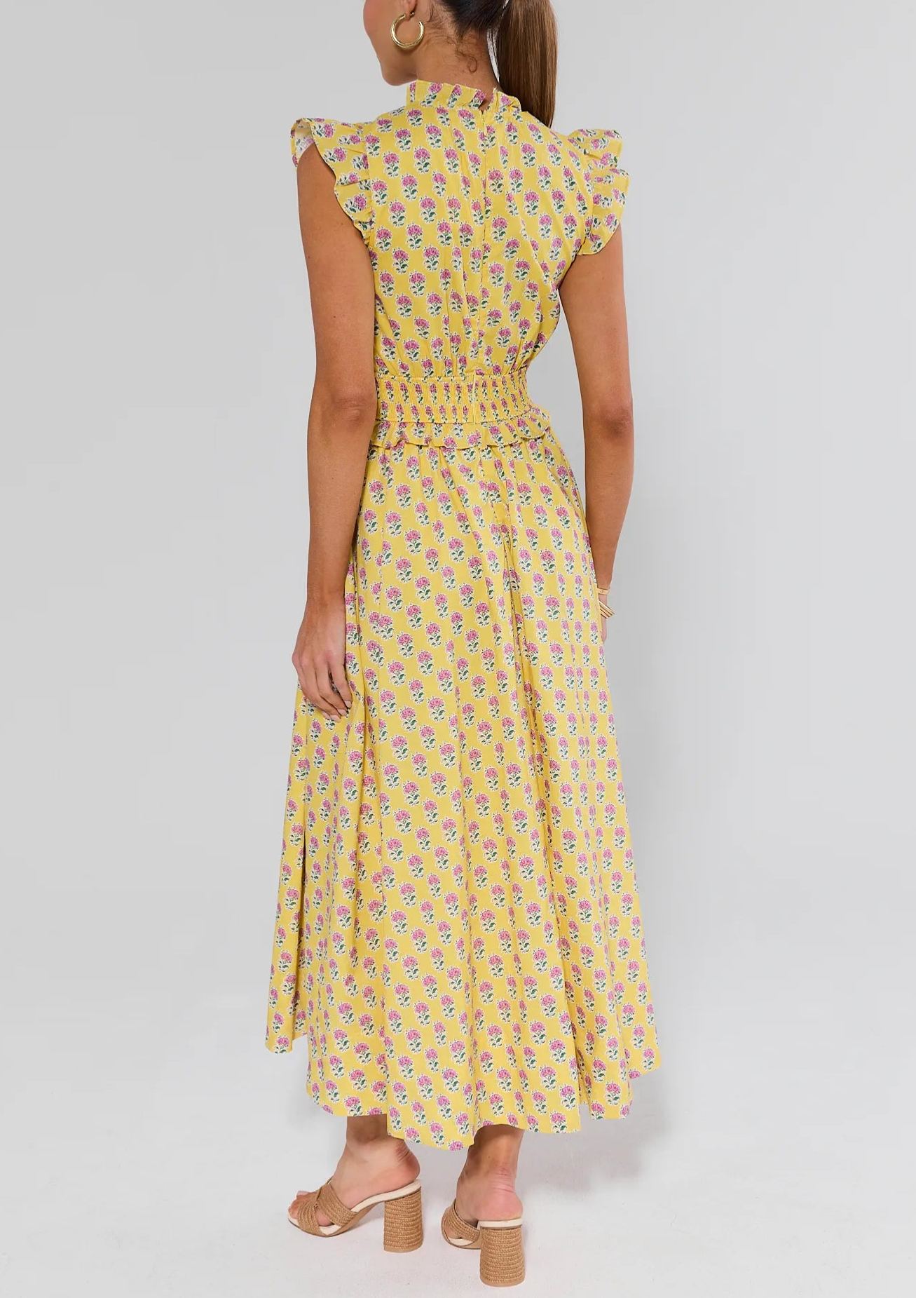 Stunning Yellow Floral Flutter Sleeves Dress