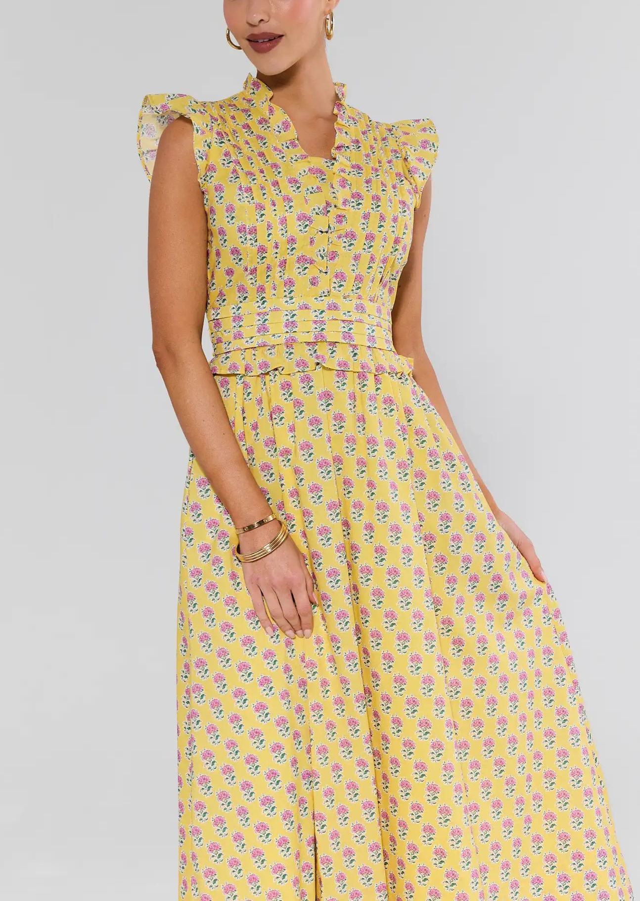 Stunning Yellow Floral Flutter Sleeves Dress