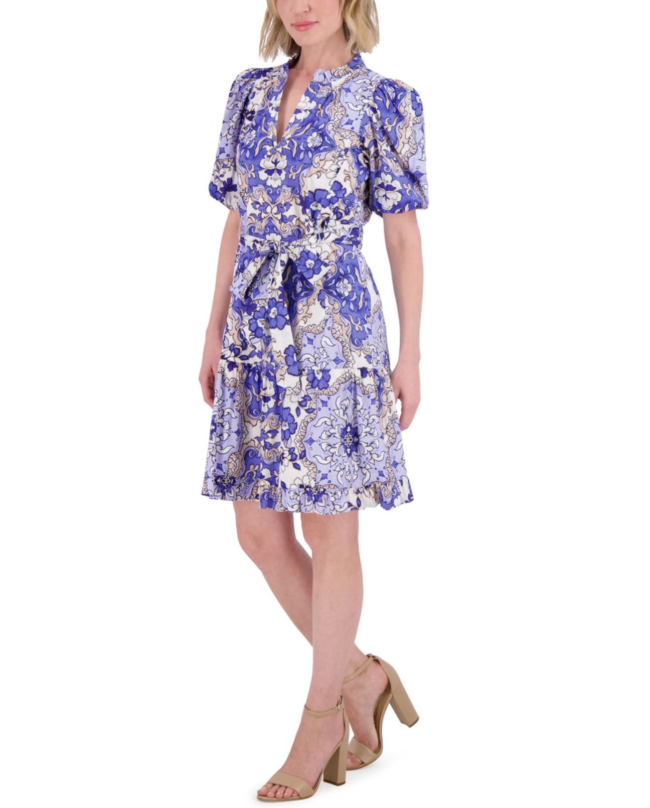 Blue Ruffle Neck Bubble-Sleeve Dress