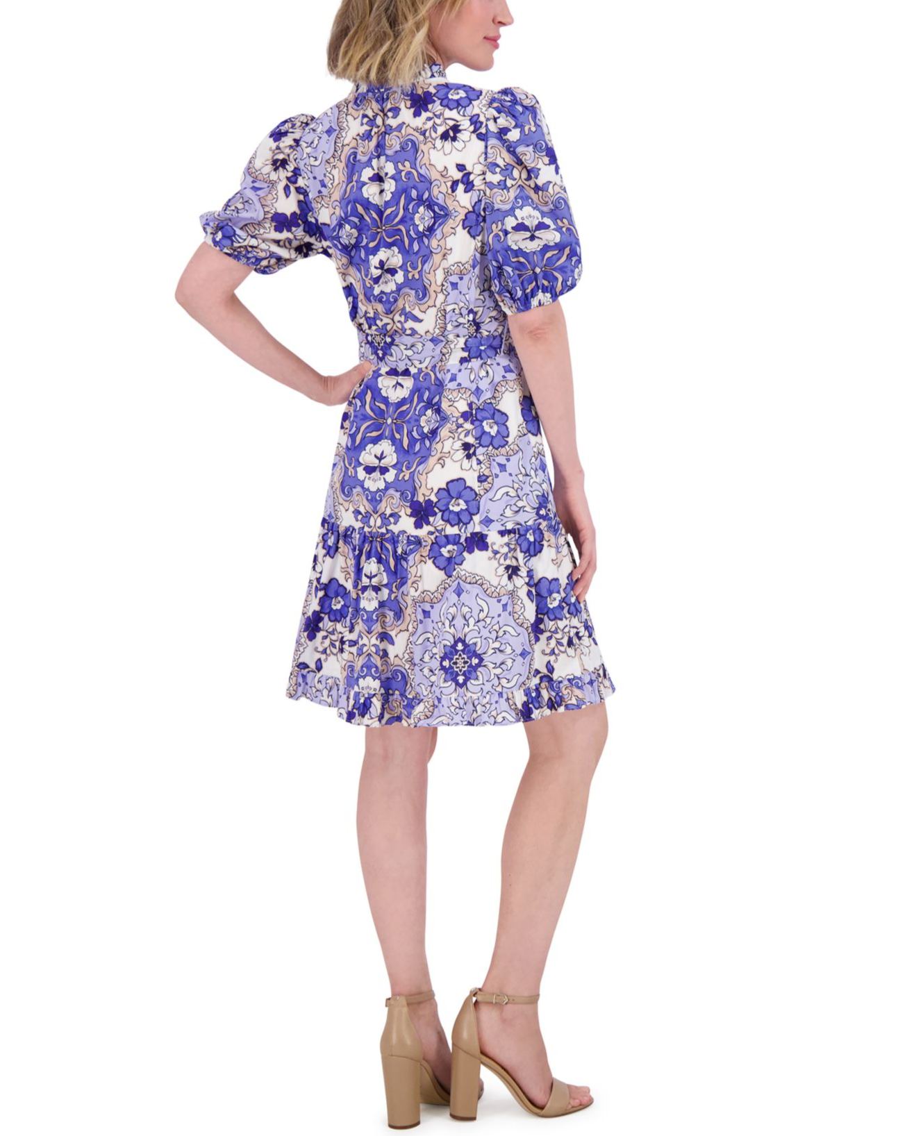 Blue Ruffle Neck Bubble-Sleeve Dress
