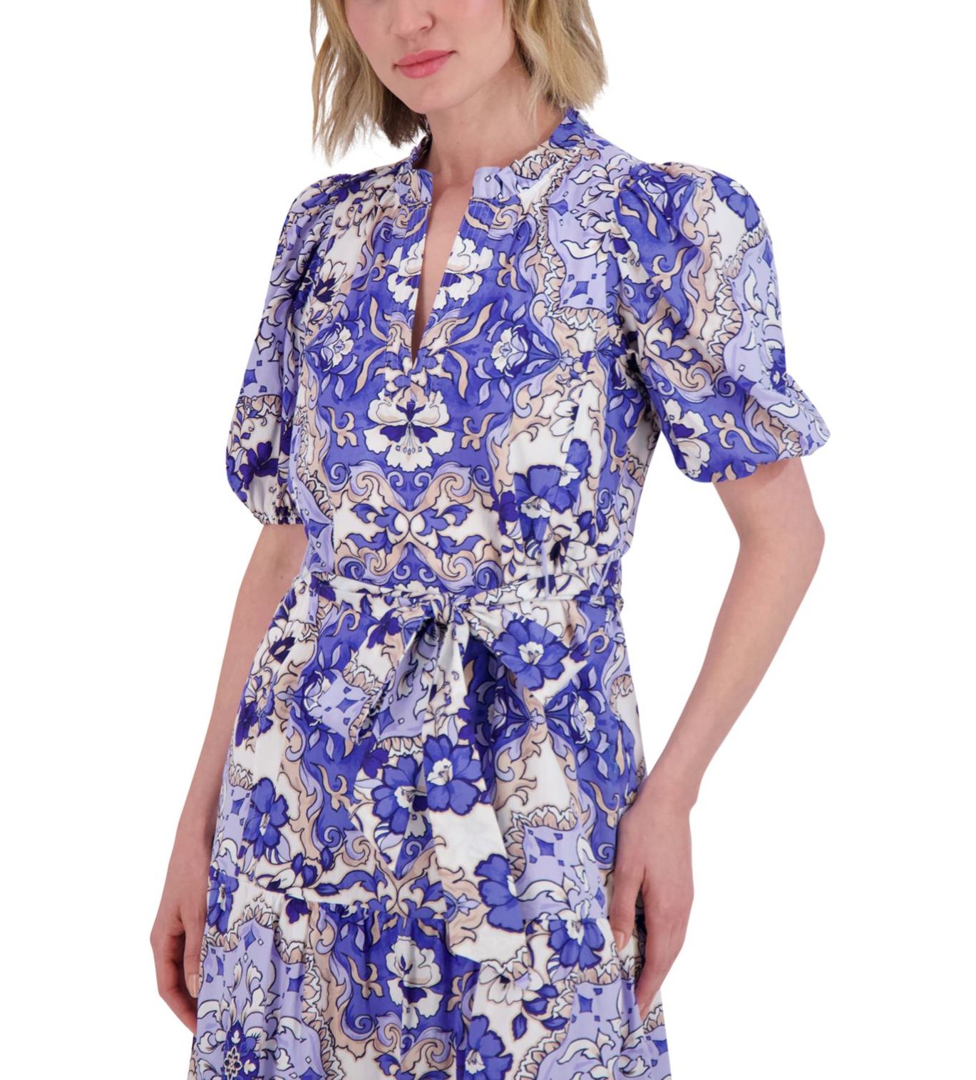 Blue Ruffle Neck Bubble-Sleeve Dress
