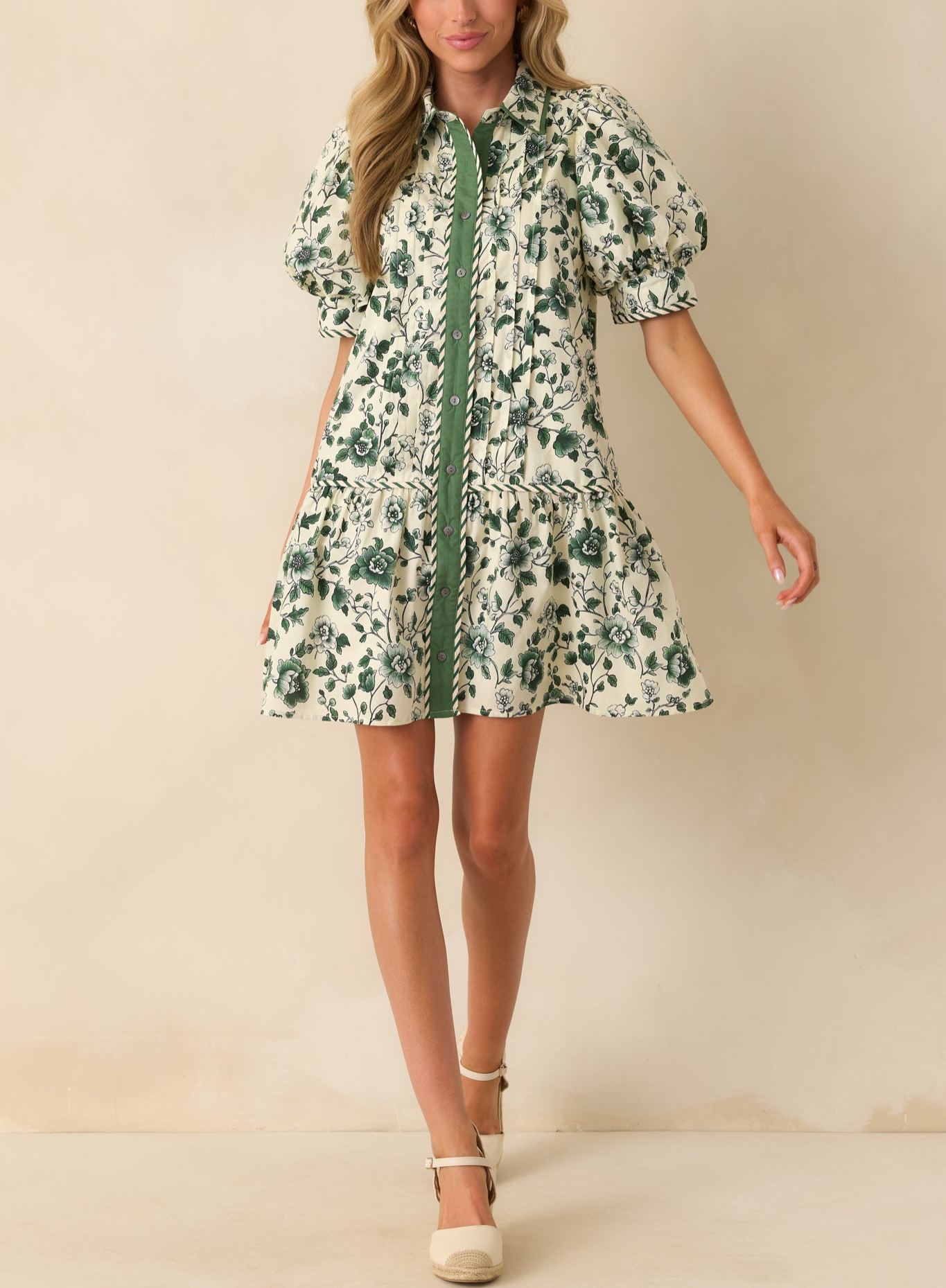 Green Floral Print Cotton Puff Sleeve Mini Dress