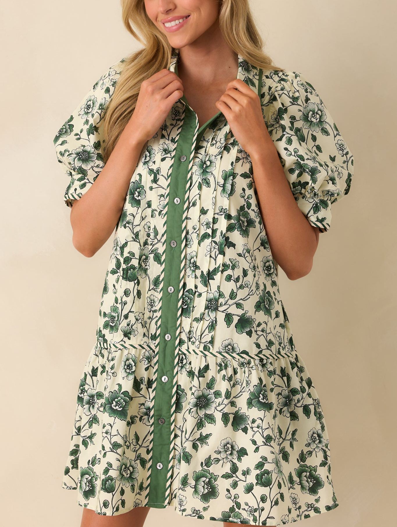 Green Floral Print Cotton Puff Sleeve Mini Dress