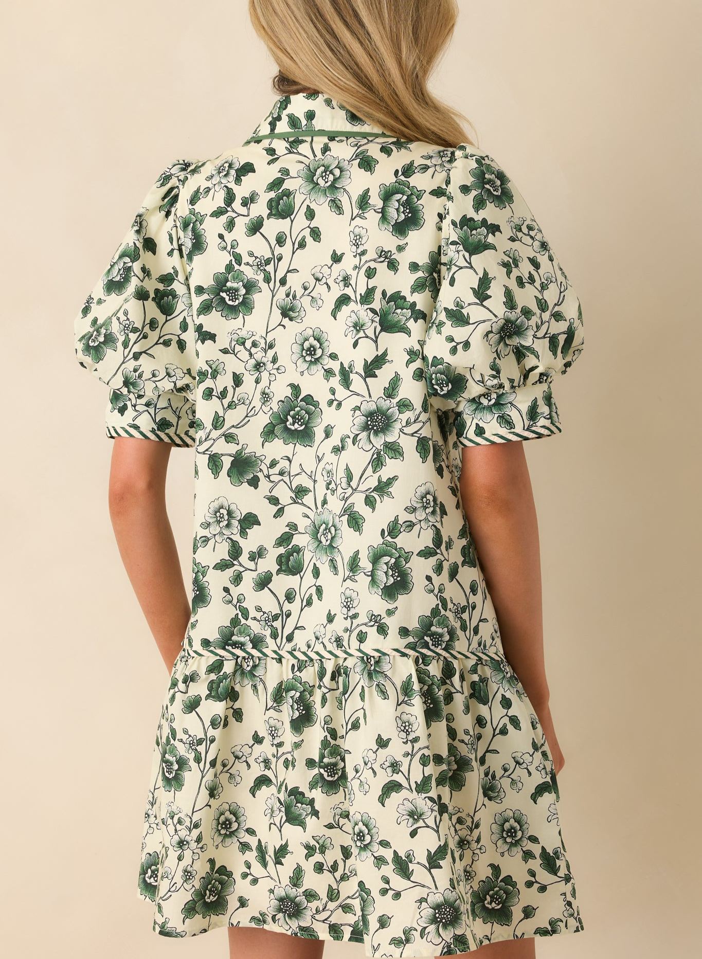 Green Floral Print Cotton Puff Sleeve Mini Dress