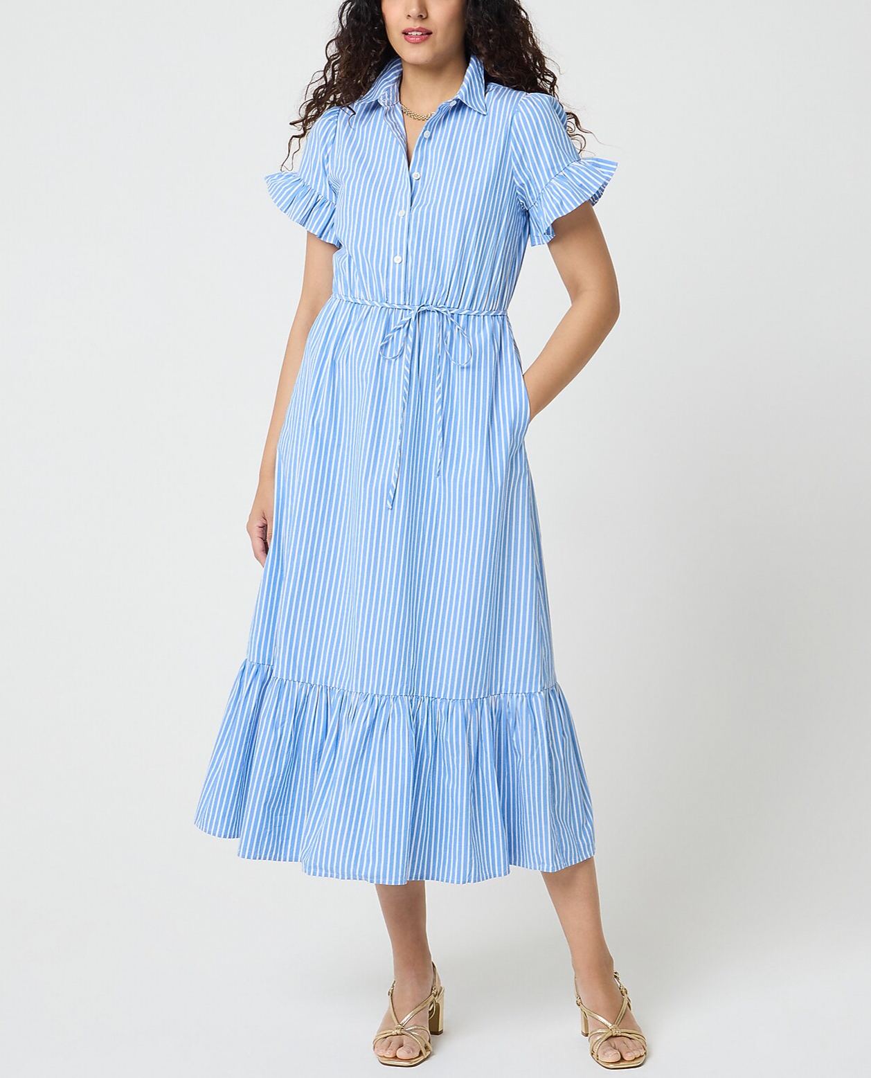 Striped Ruffle-Sleeve Shirt Dress