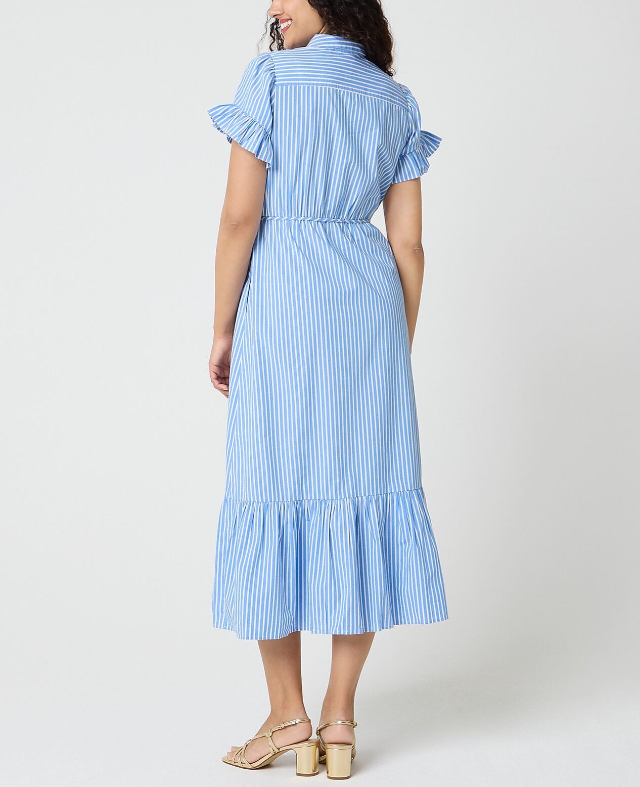 Striped Ruffle-Sleeve Shirt Dress