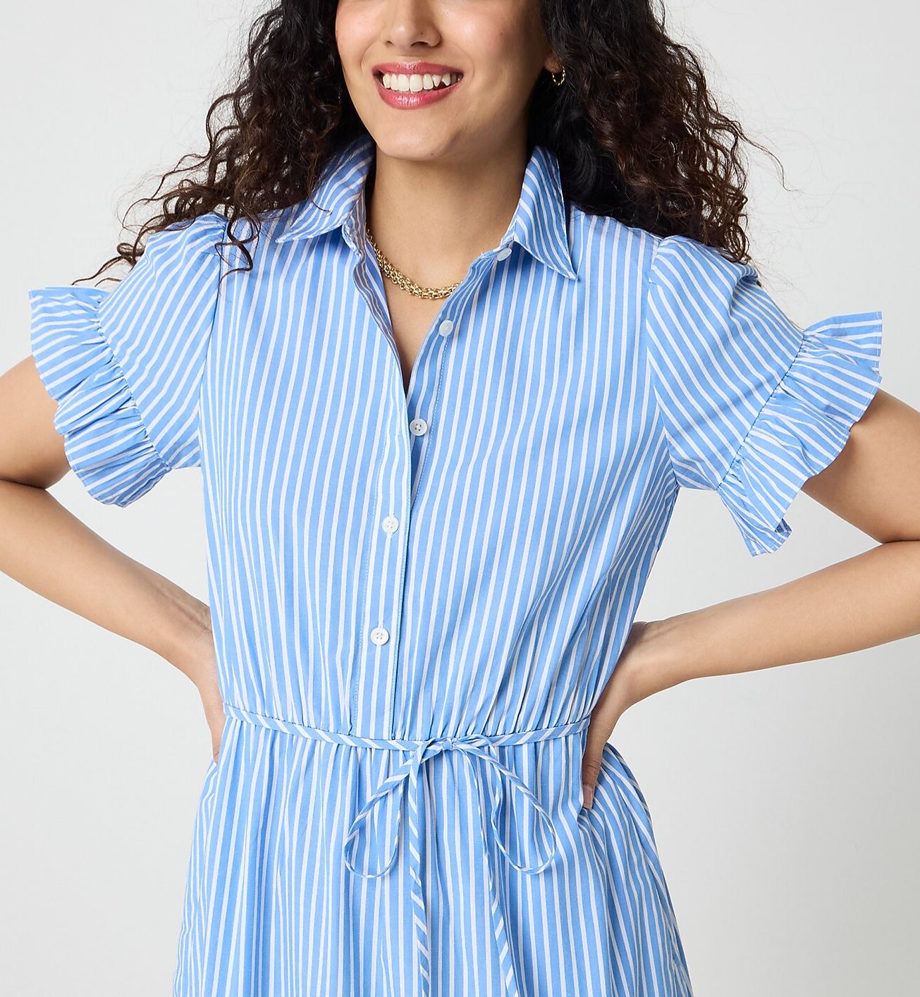 Striped Ruffle-Sleeve Shirt Dress