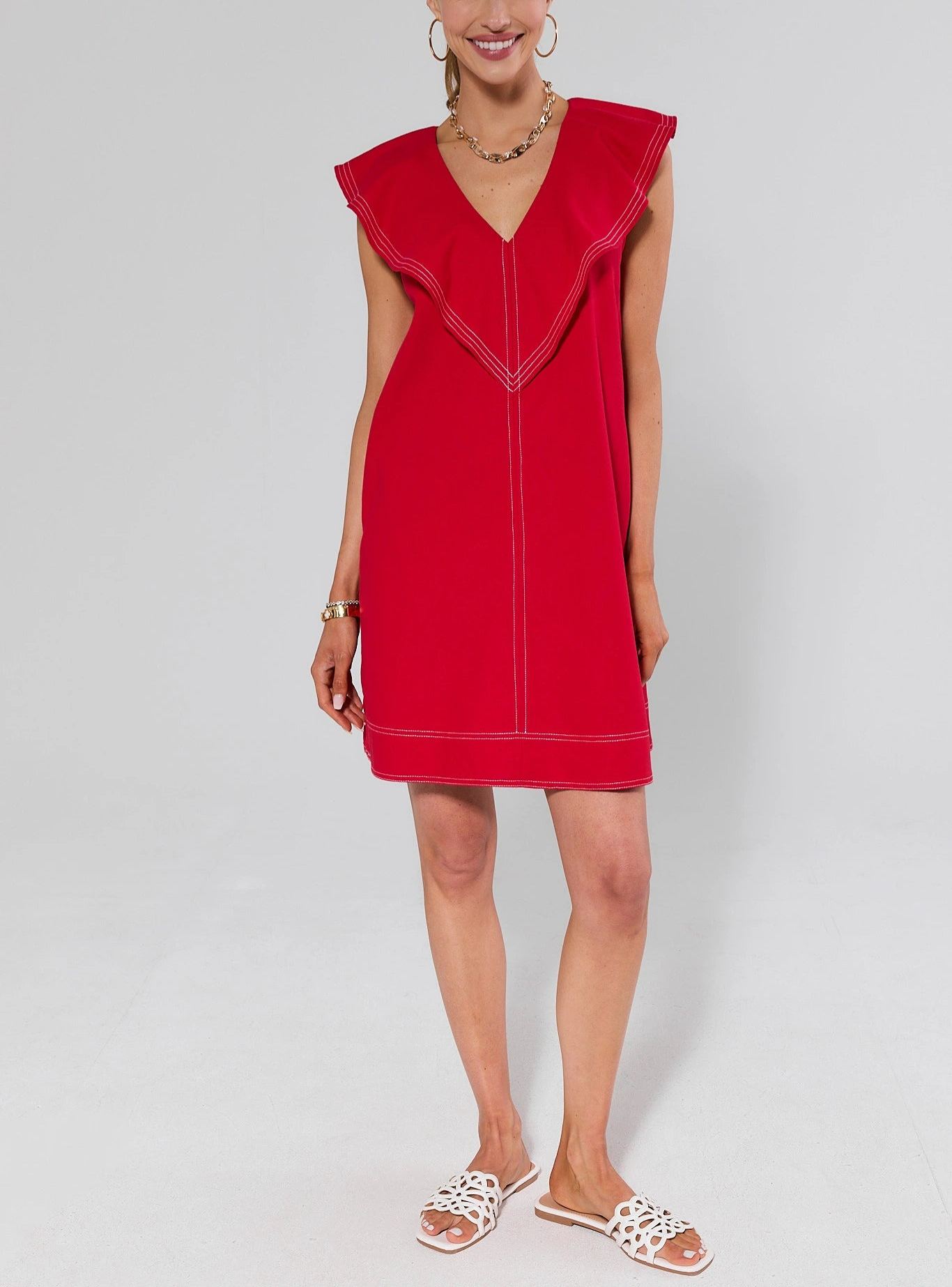  Ruffle V-Neck Sleeveless Short Dress