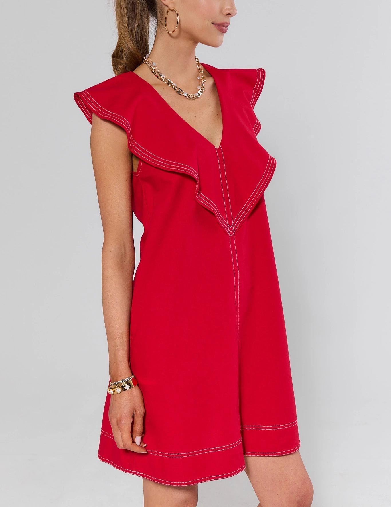  Ruffle V-Neck Sleeveless Short Dress