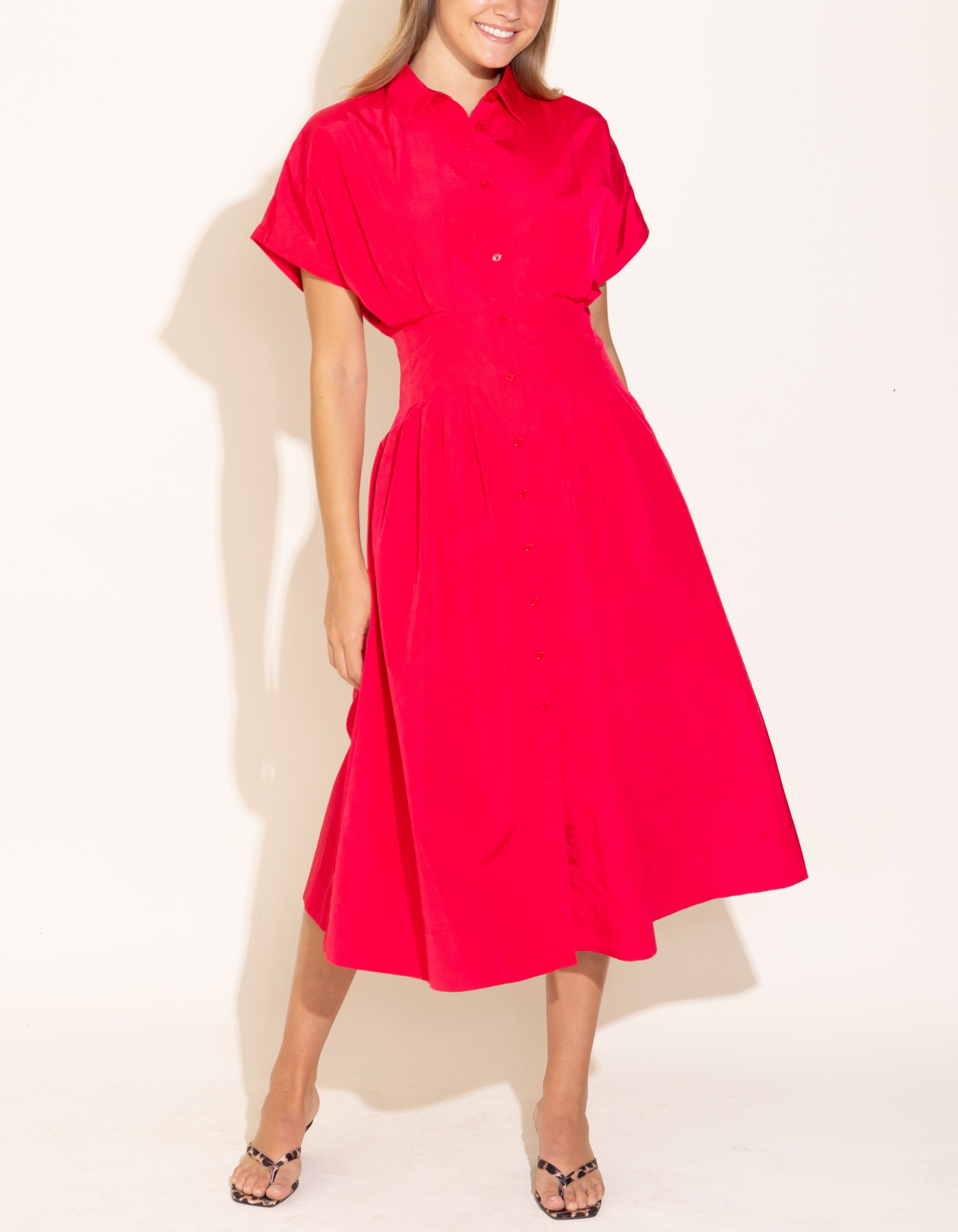 Radiant Red Pleated Waist Shirt Dress