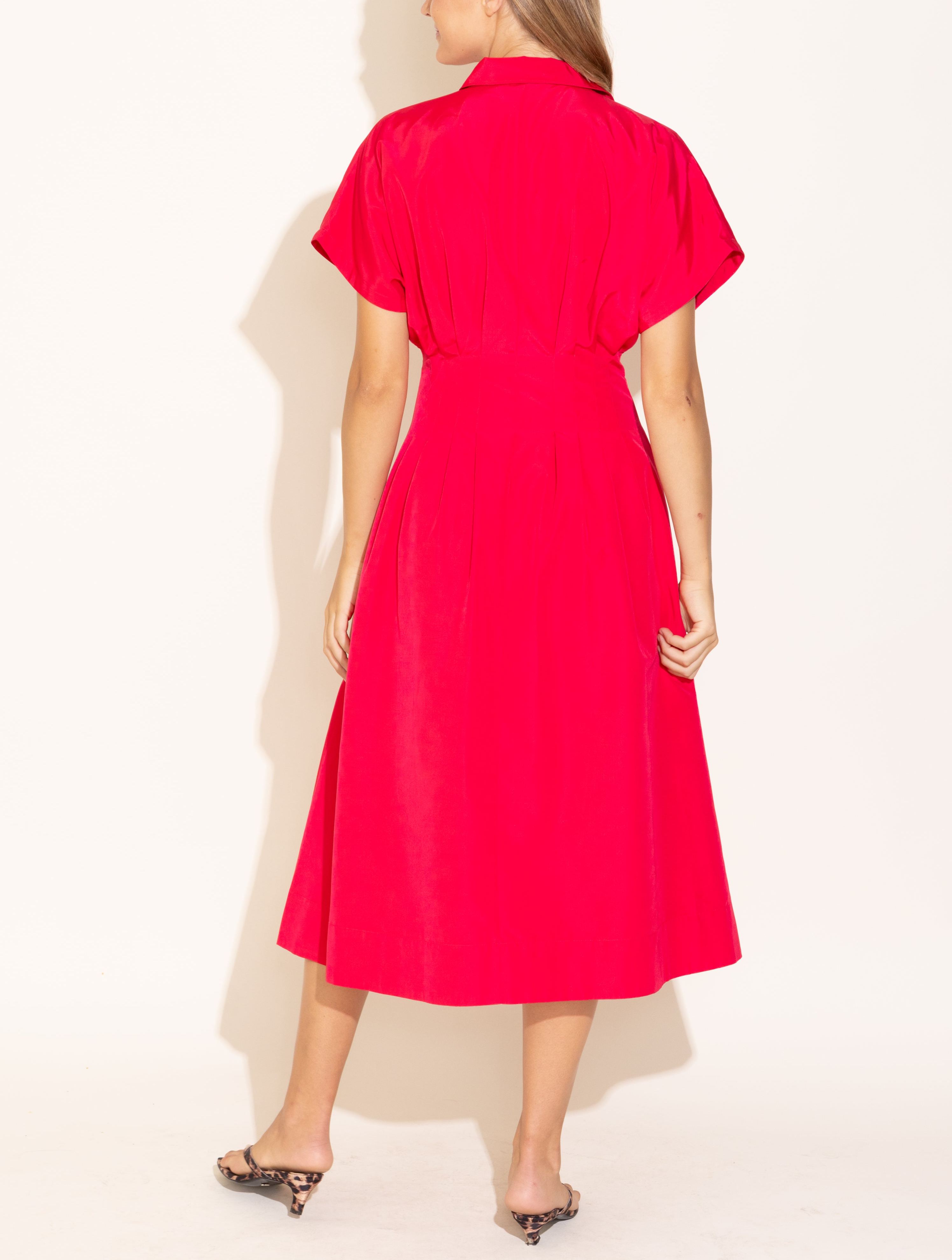 Radiant Red Pleated Waist Shirt Dress
