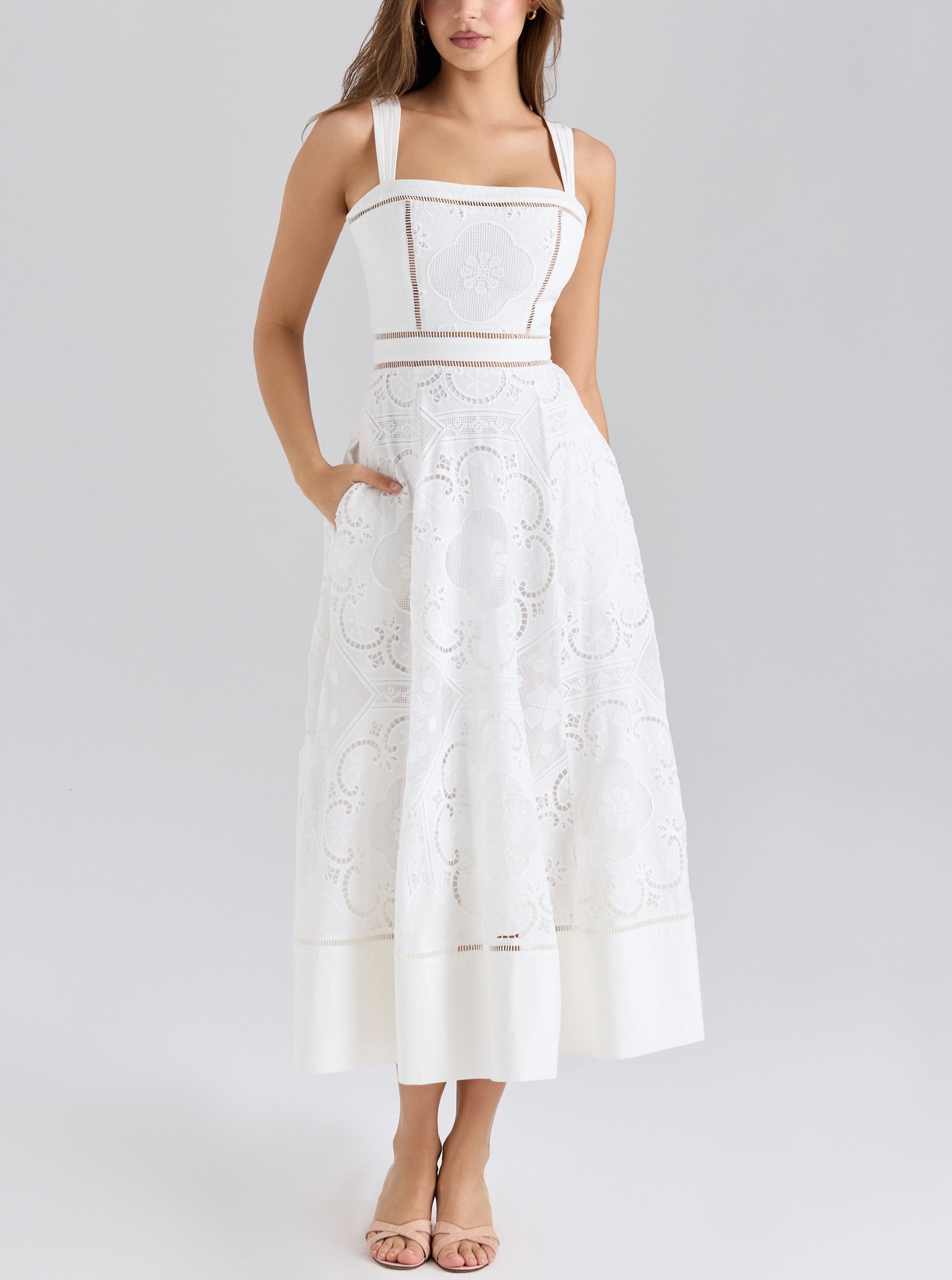 White Stretch Cotton Broderie Anglaise Midi Dress