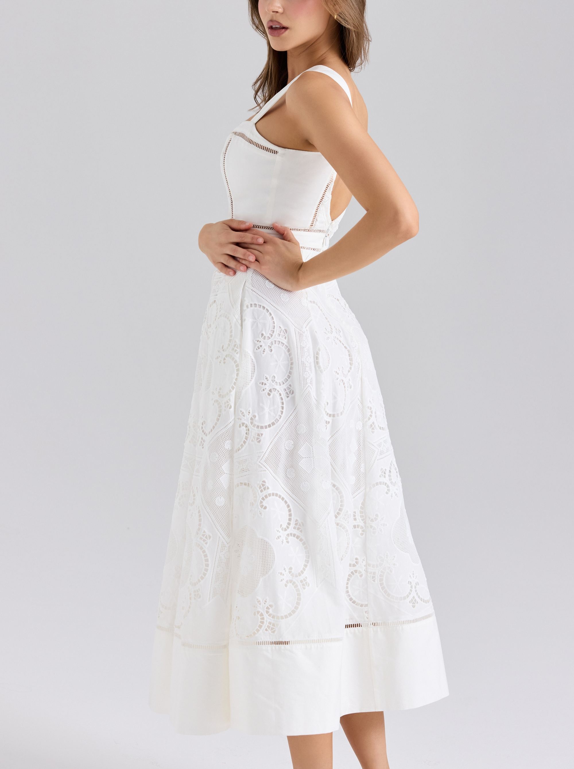 White Stretch Cotton Broderie Anglaise Midi Dress
