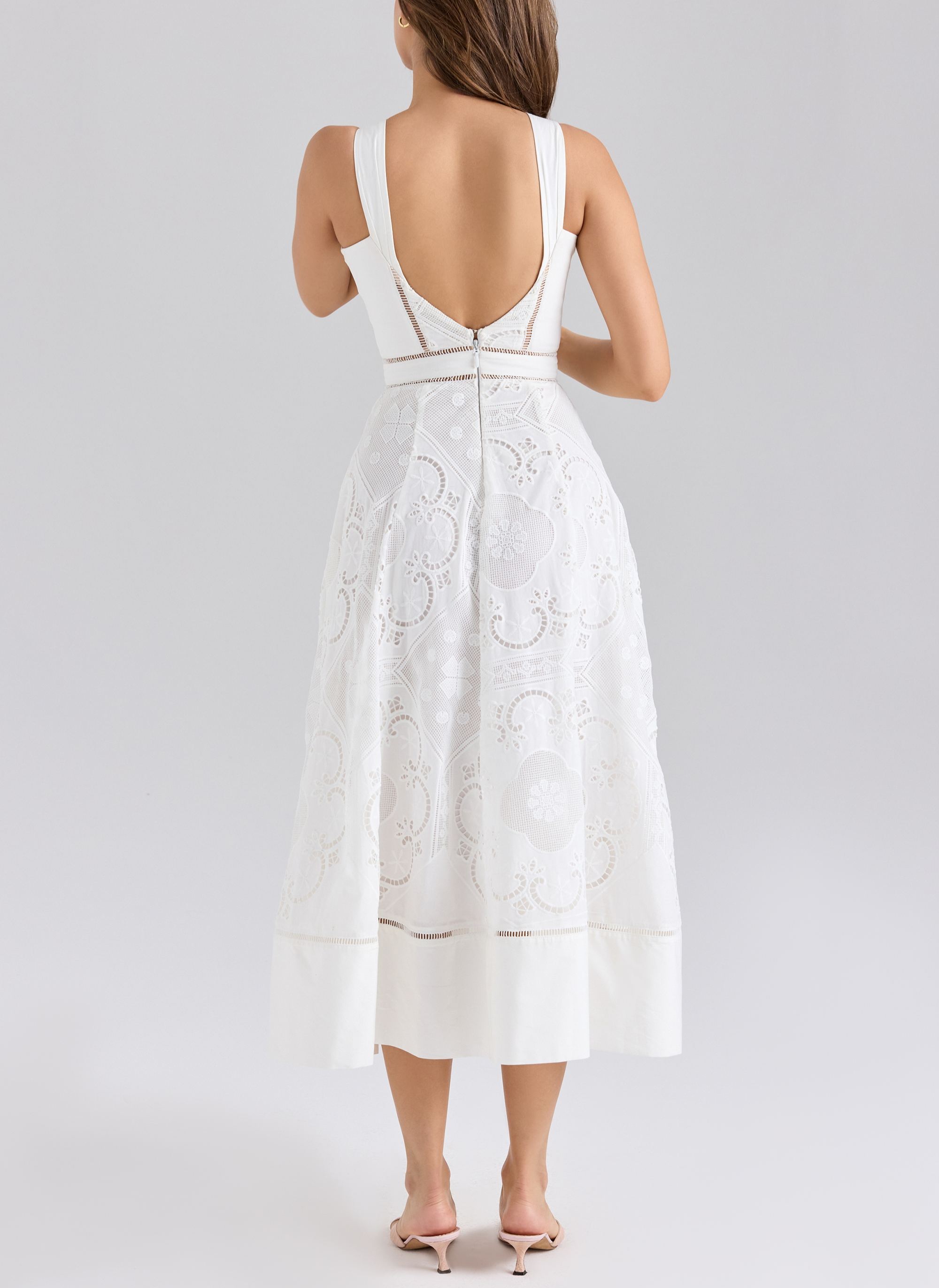 White Stretch Cotton Broderie Anglaise Midi Dress