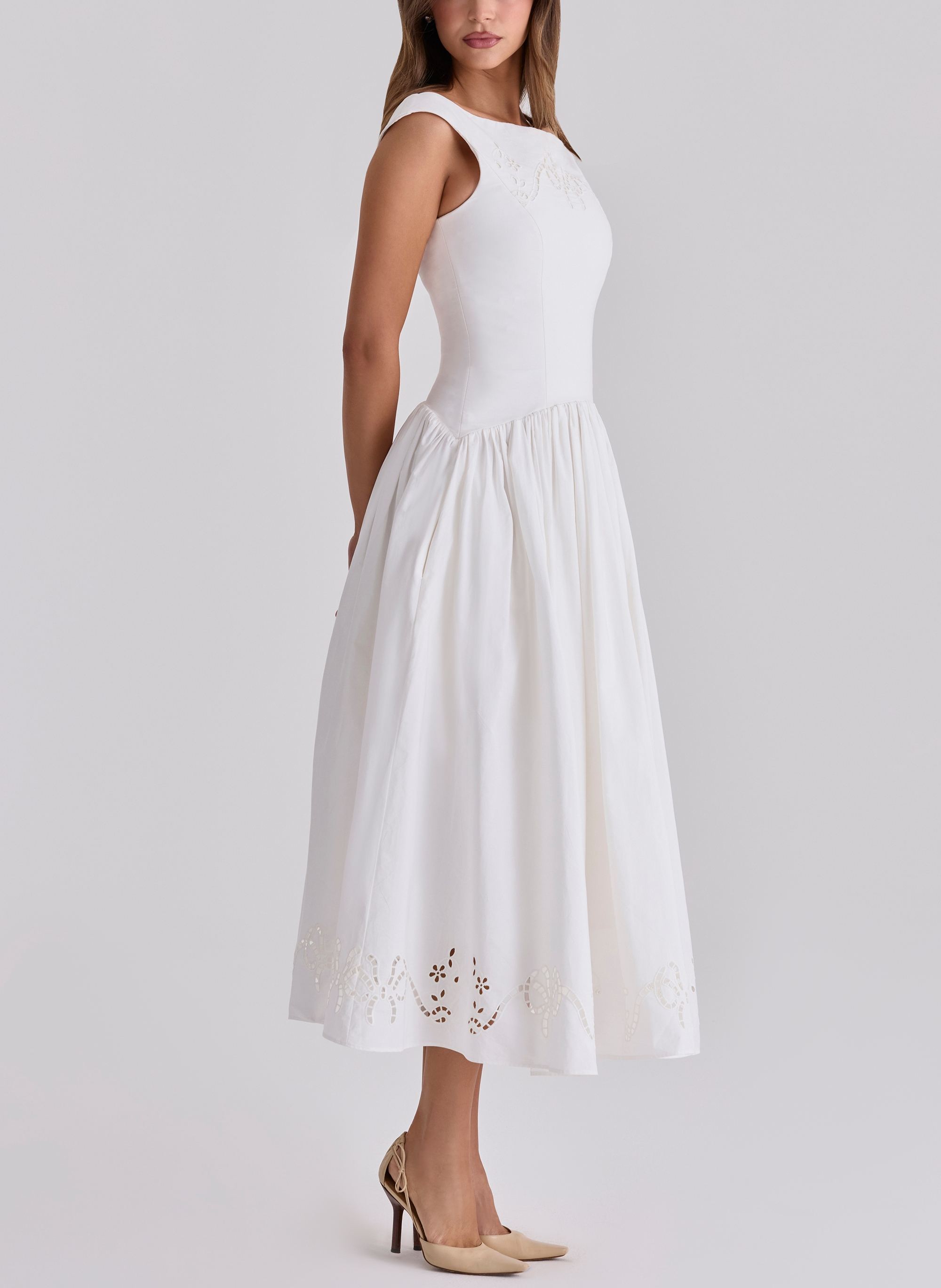 Cotton Broderie Anglaise Boat Neck Maxi Dress