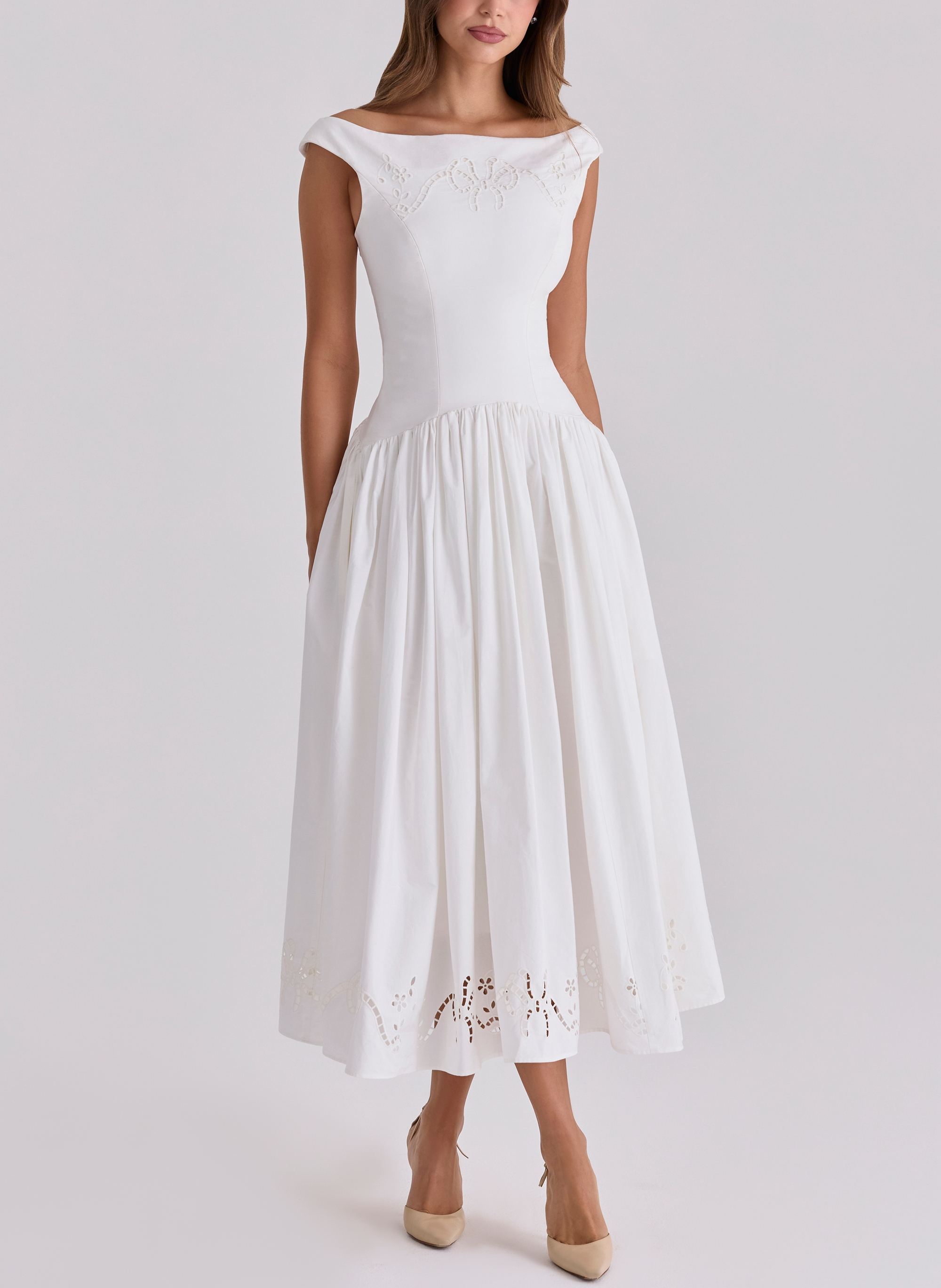 Cotton Broderie Anglaise Boat Neck Maxi Dress