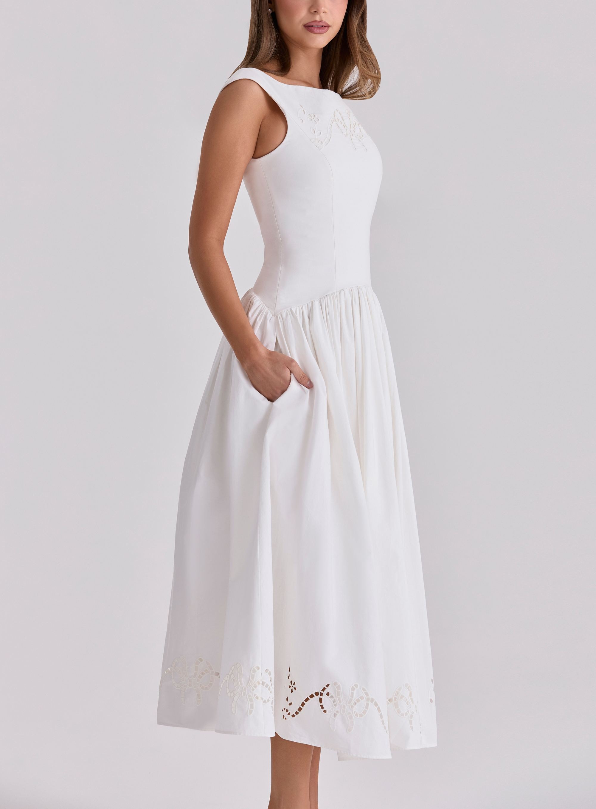 Cotton Broderie Anglaise Boat Neck Maxi Dress