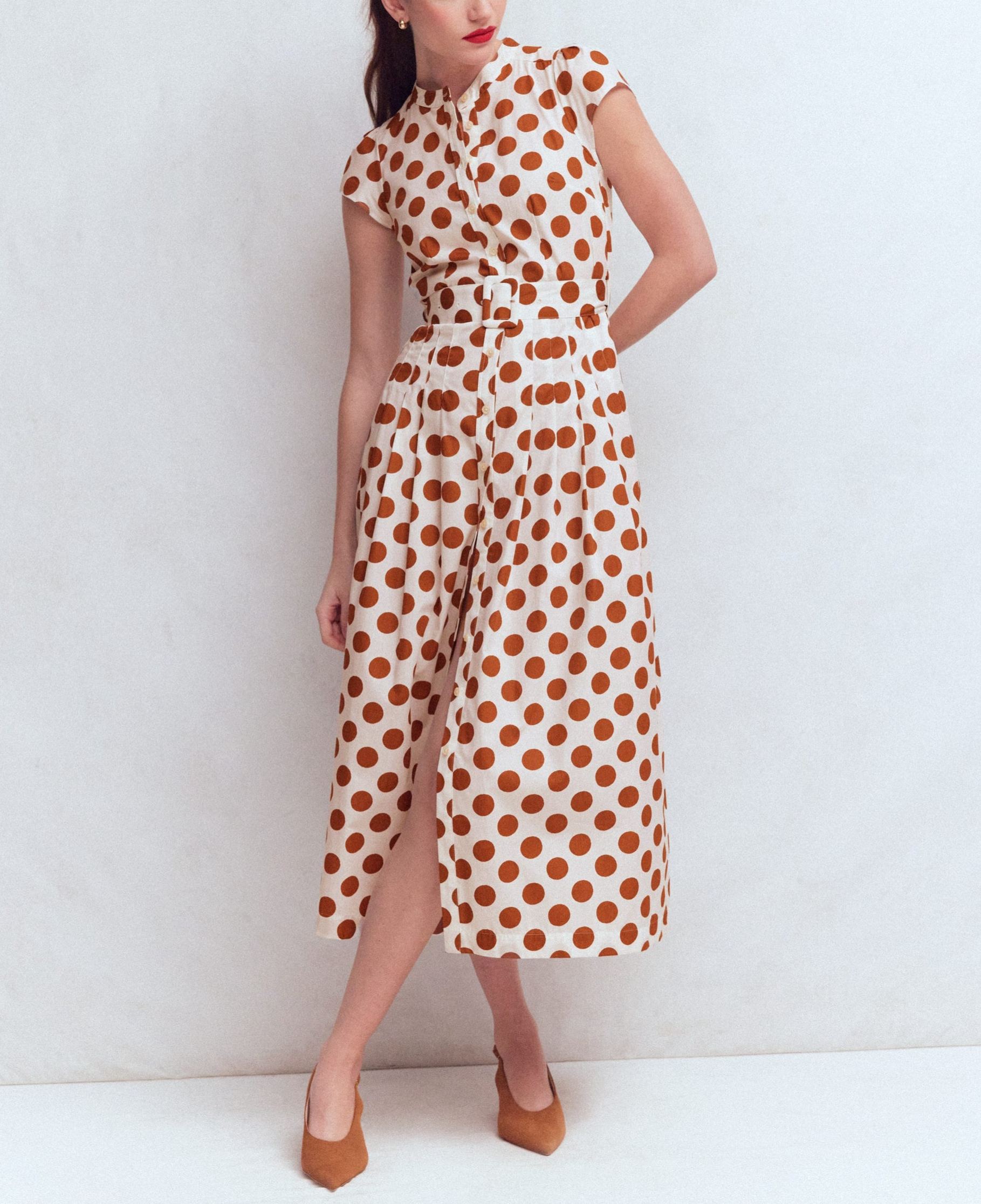 Dot Print Waist-Cinched Dress