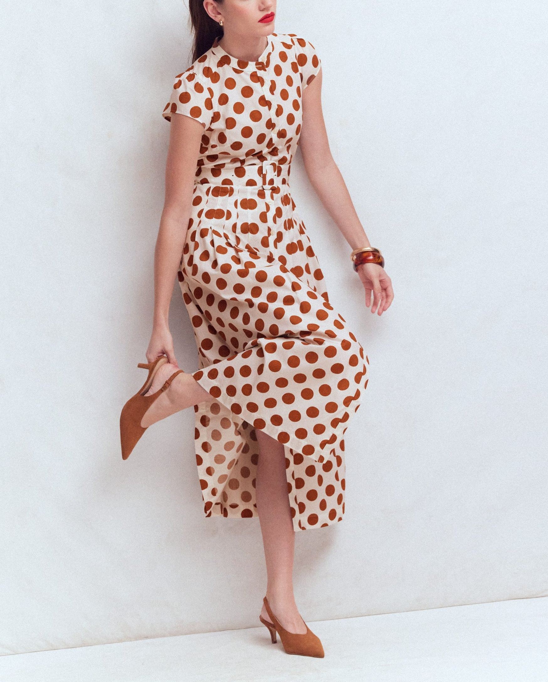 Dot Print Waist-Cinched Dress