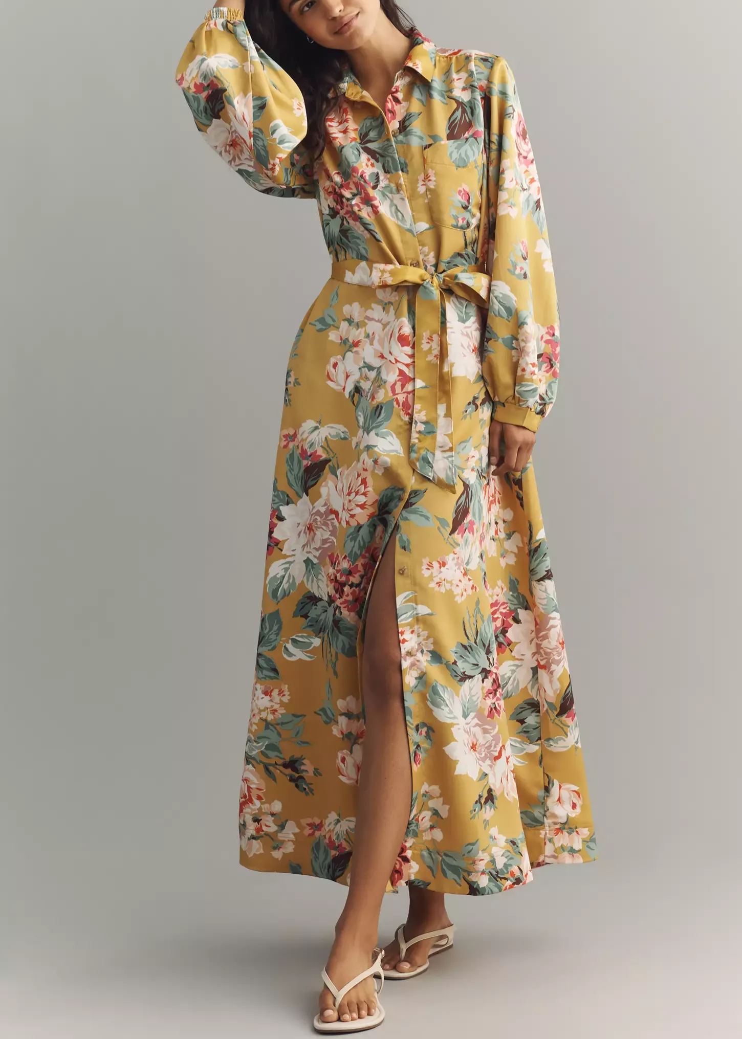 Golden Bloom Floral Shirt Dress