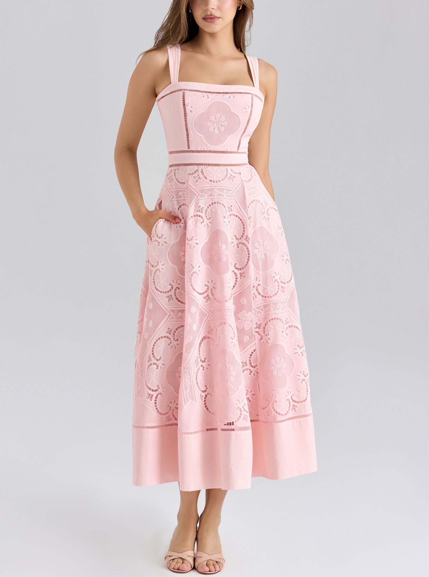 White Stretch Cotton Broderie Anglaise Midi Dress