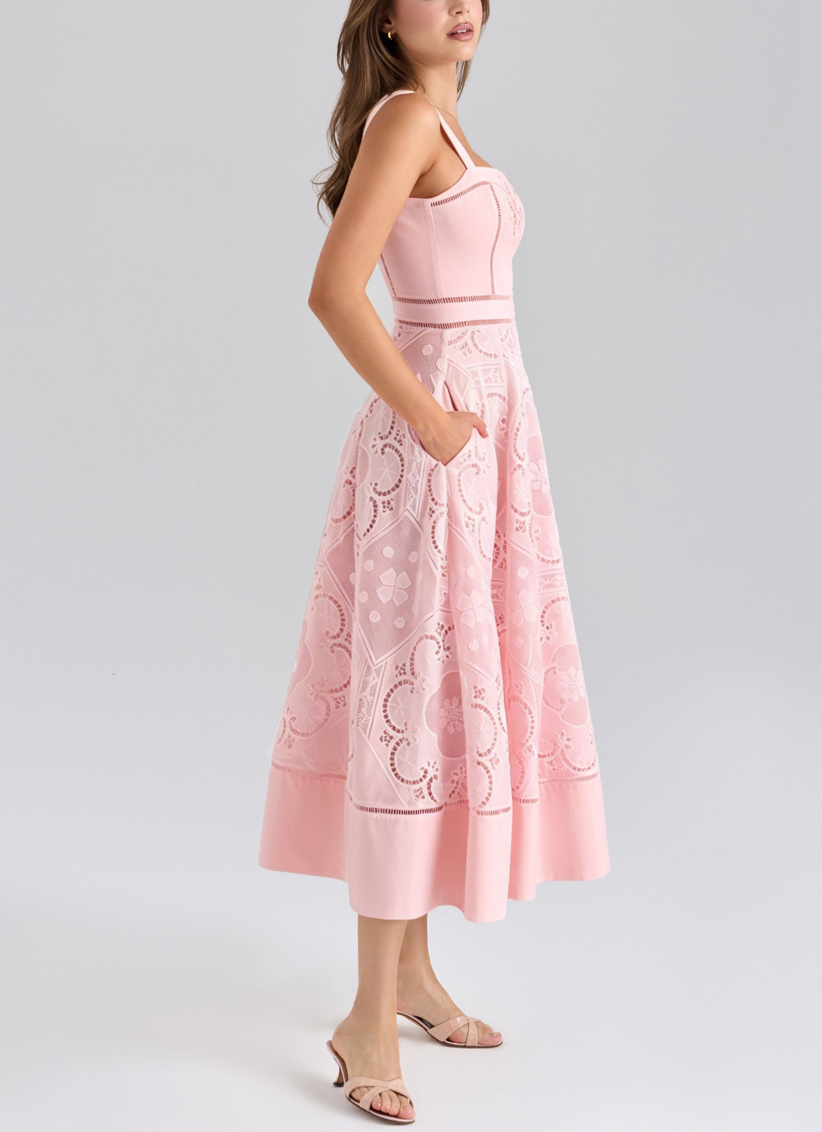 White Stretch Cotton Broderie Anglaise Midi Dress
