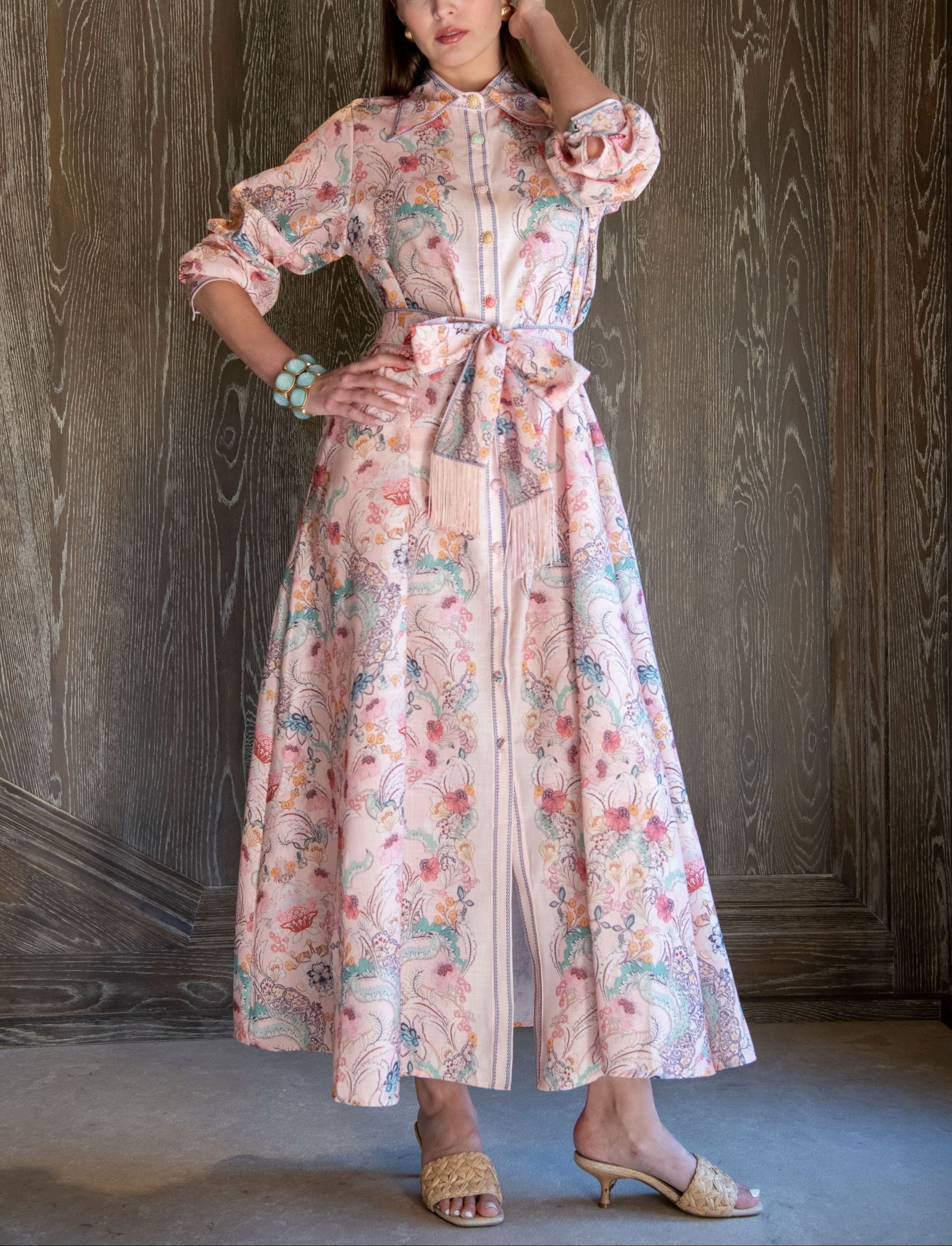 Irina Long Sleeve Floral Belted Fringe Waist Dress 