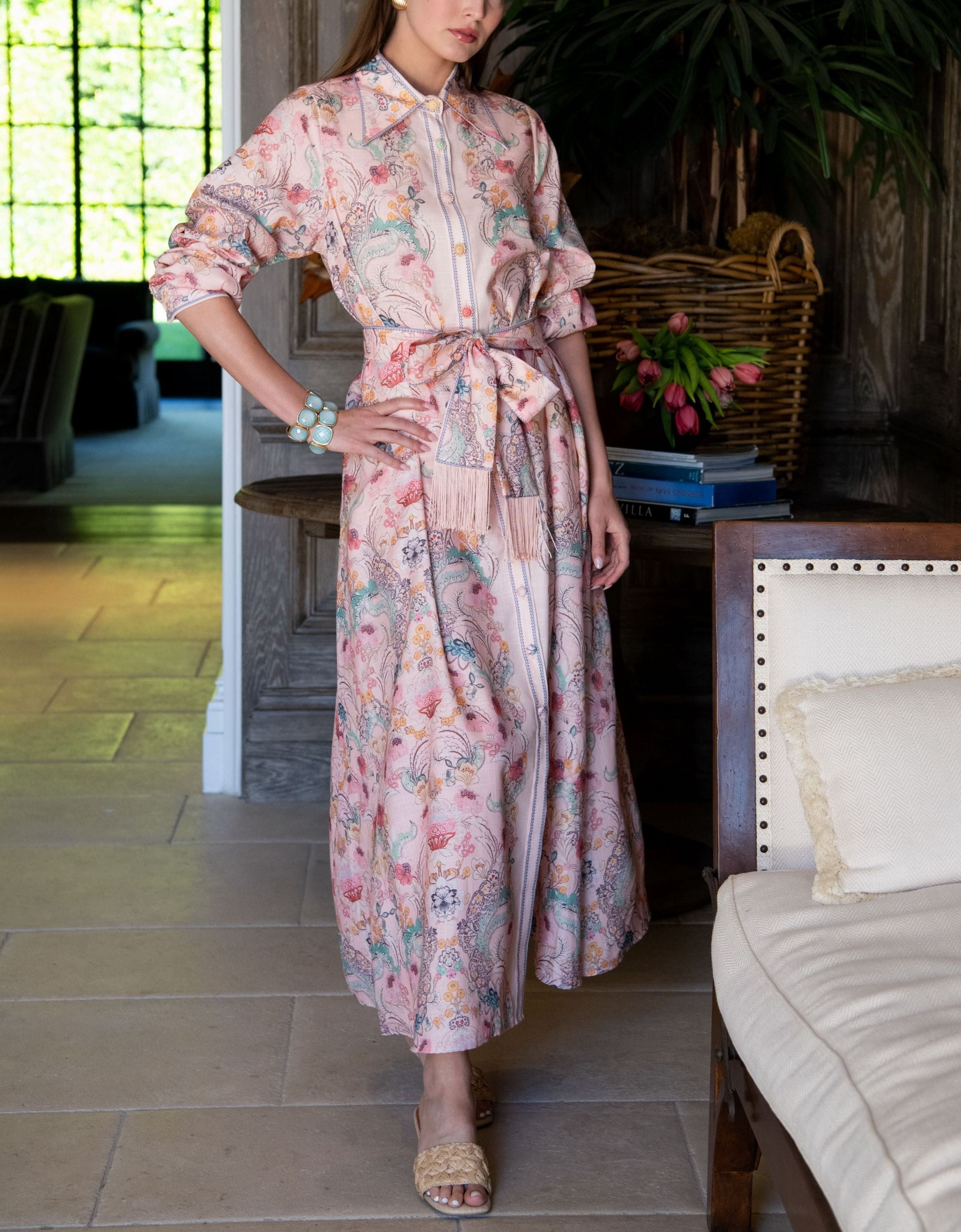 Irina Long Sleeve Floral Belted Fringe Waist Dress 
