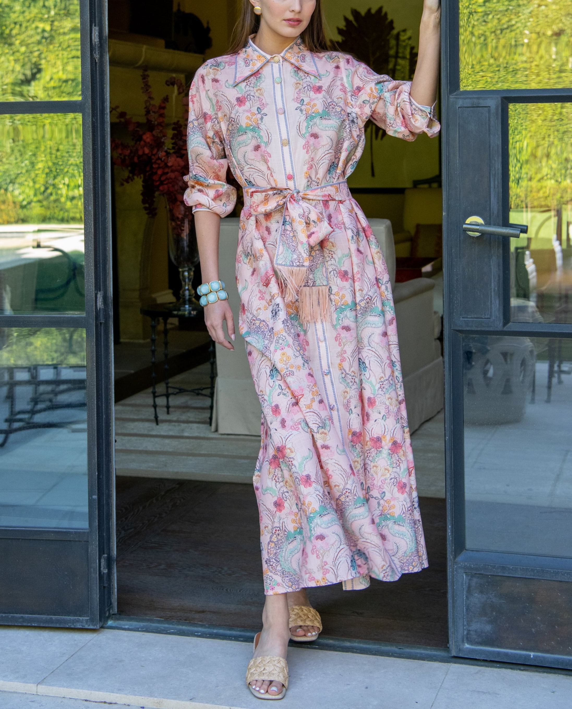 Irina Long Sleeve Floral Belted Fringe Waist Dress 