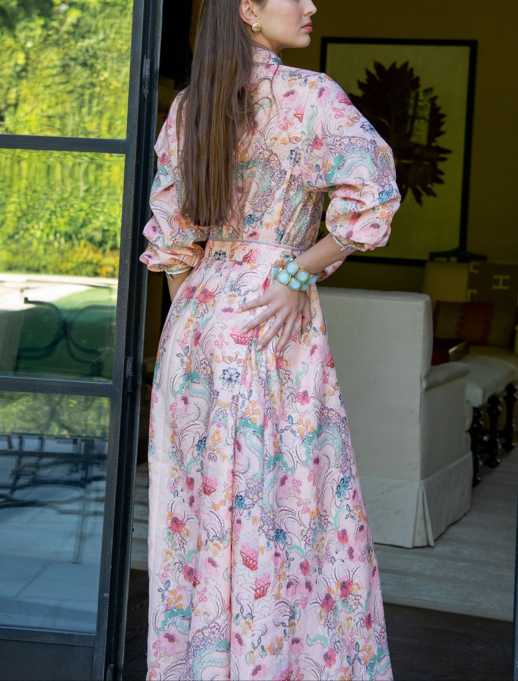 Irina Long Sleeve Floral Belted Fringe Waist Dress 