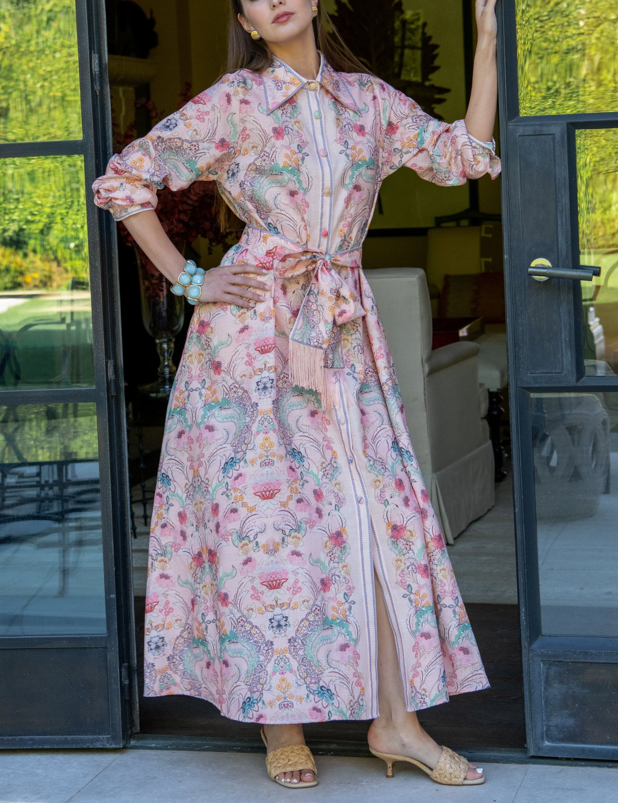 Irina Long Sleeve Floral Belted Fringe Waist Dress 