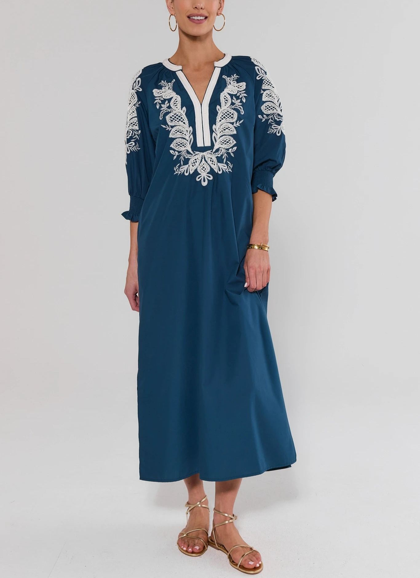 Navy Embroidered Midi Dress