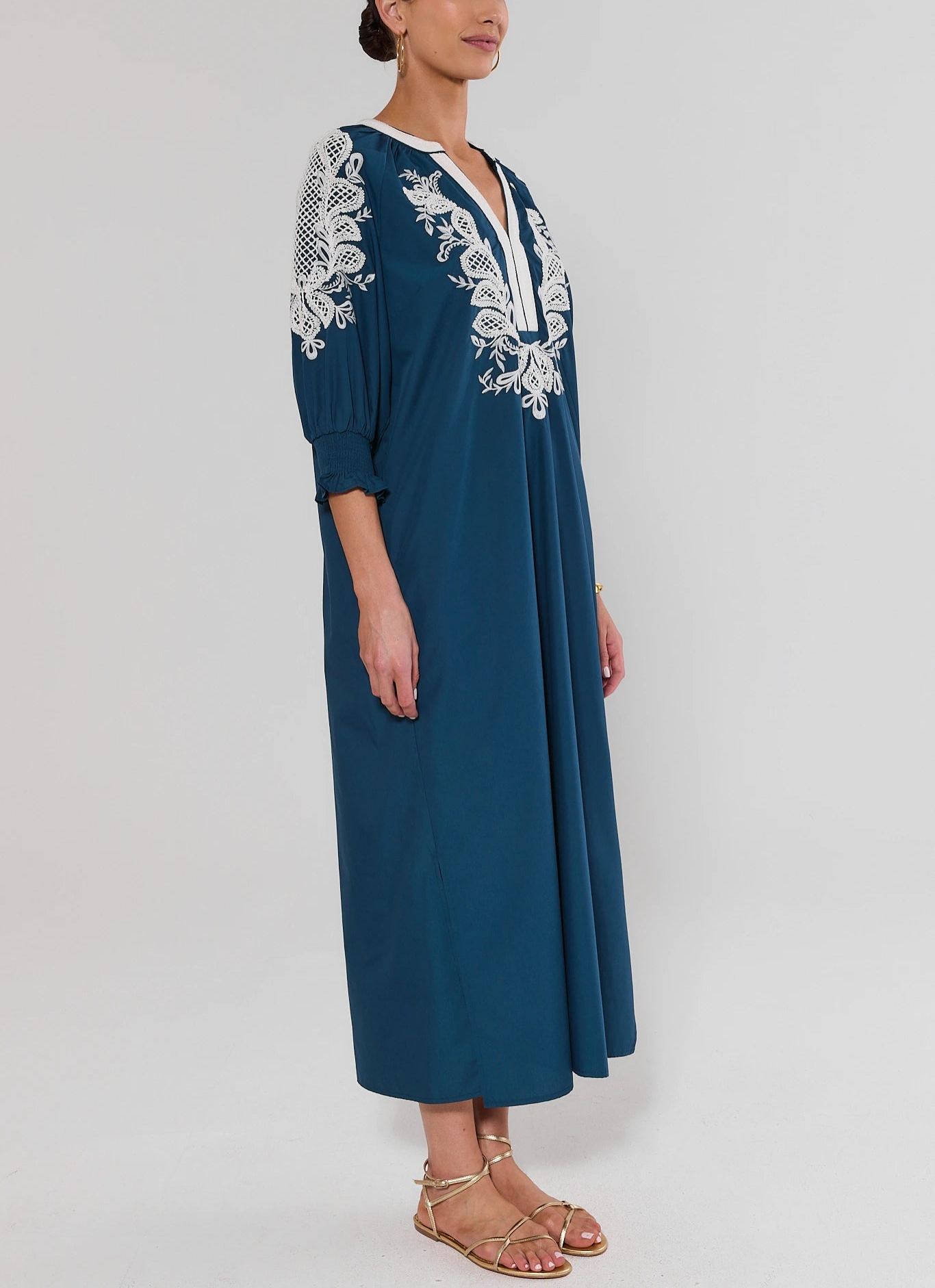 Navy Embroidered Midi Dress
