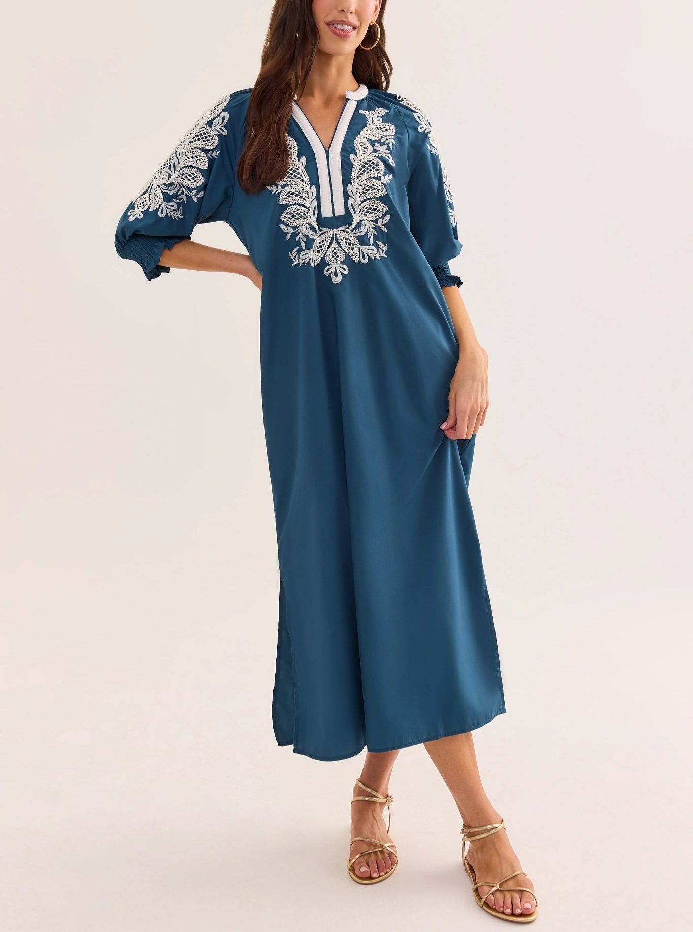 Navy Embroidered Midi Dress