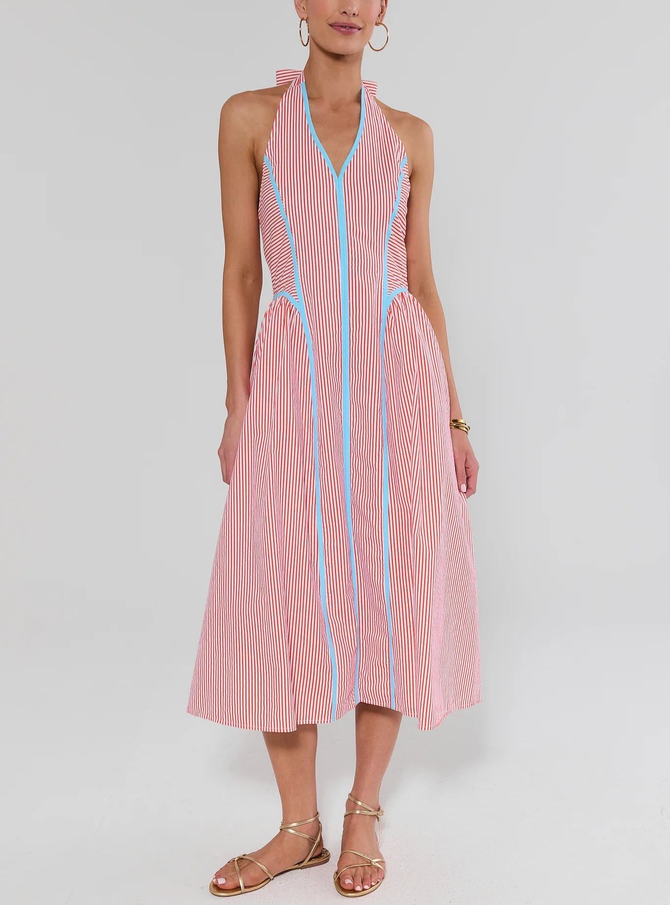 Orange Striped Halter Midi Dress