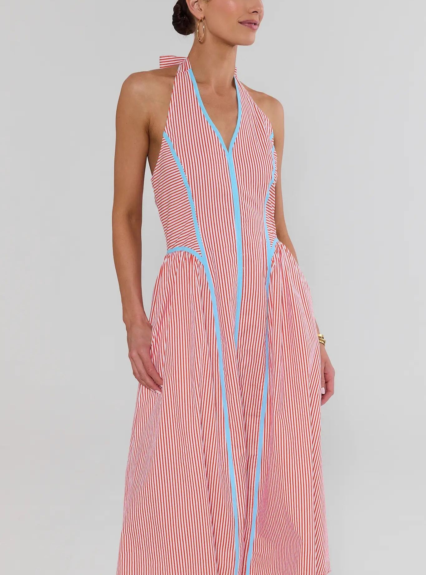 Orange Striped Halter Midi Dress