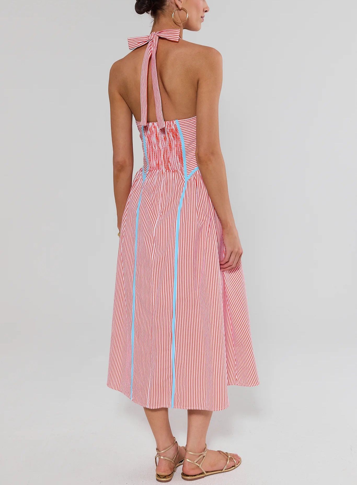 Orange Striped Halter Midi Dress