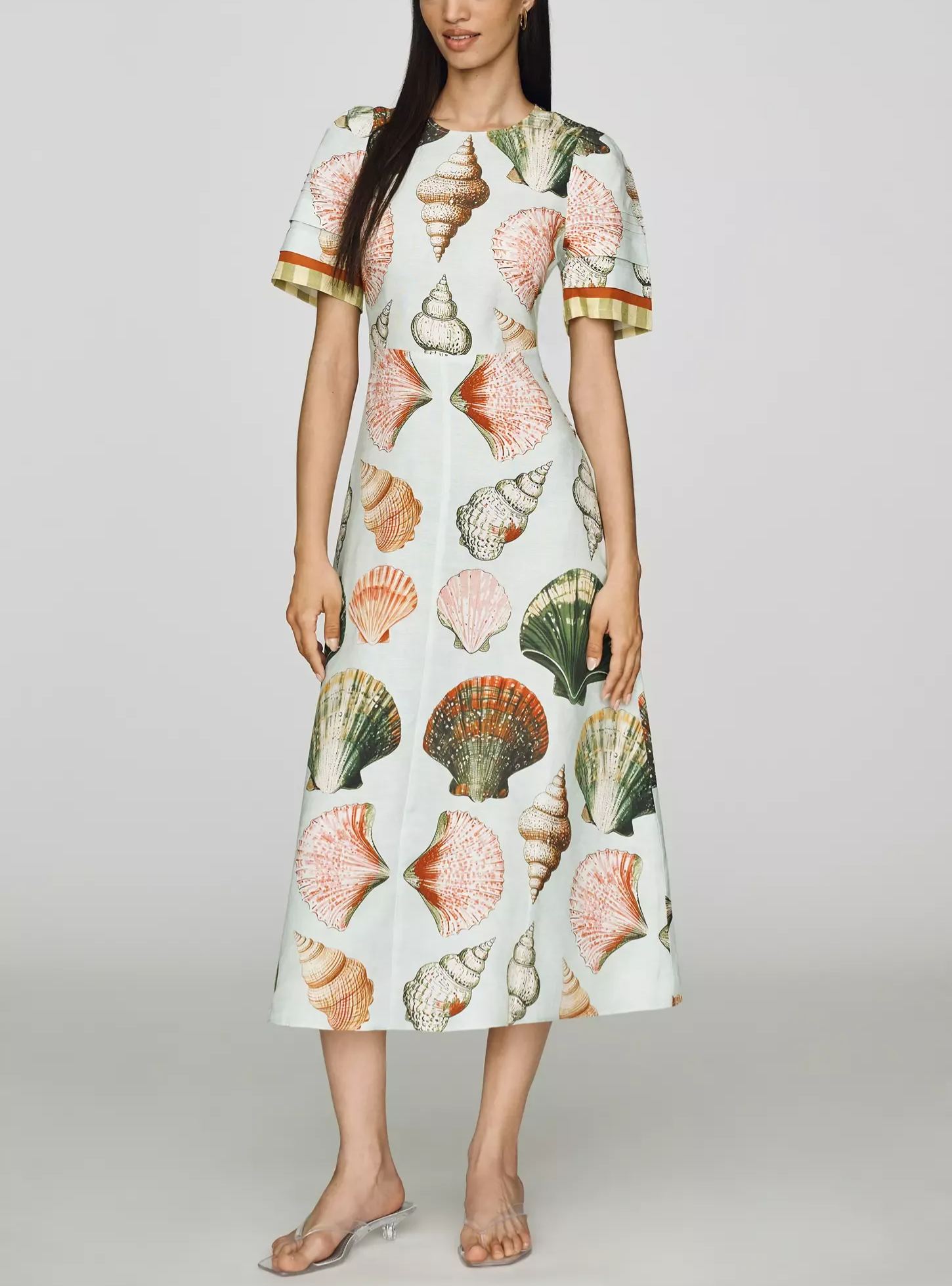 Shell Print Fit and Flare Short Sleeve Midi Dress