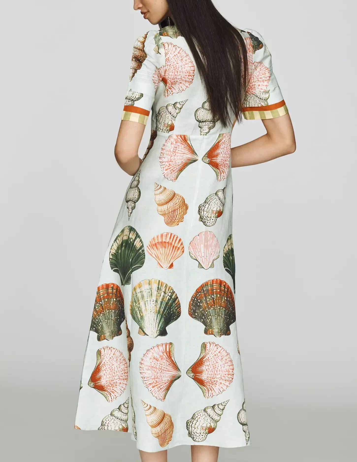 Shell Print Fit and Flare Short Sleeve Midi Dress