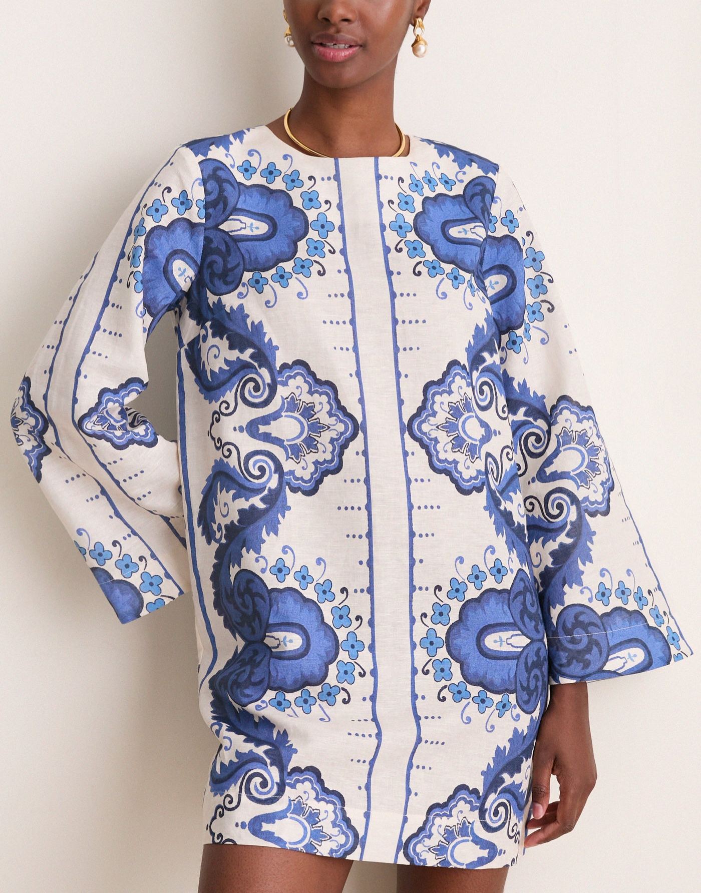 Ultramarine Medallion Cotton Linen Linden Mini Dress