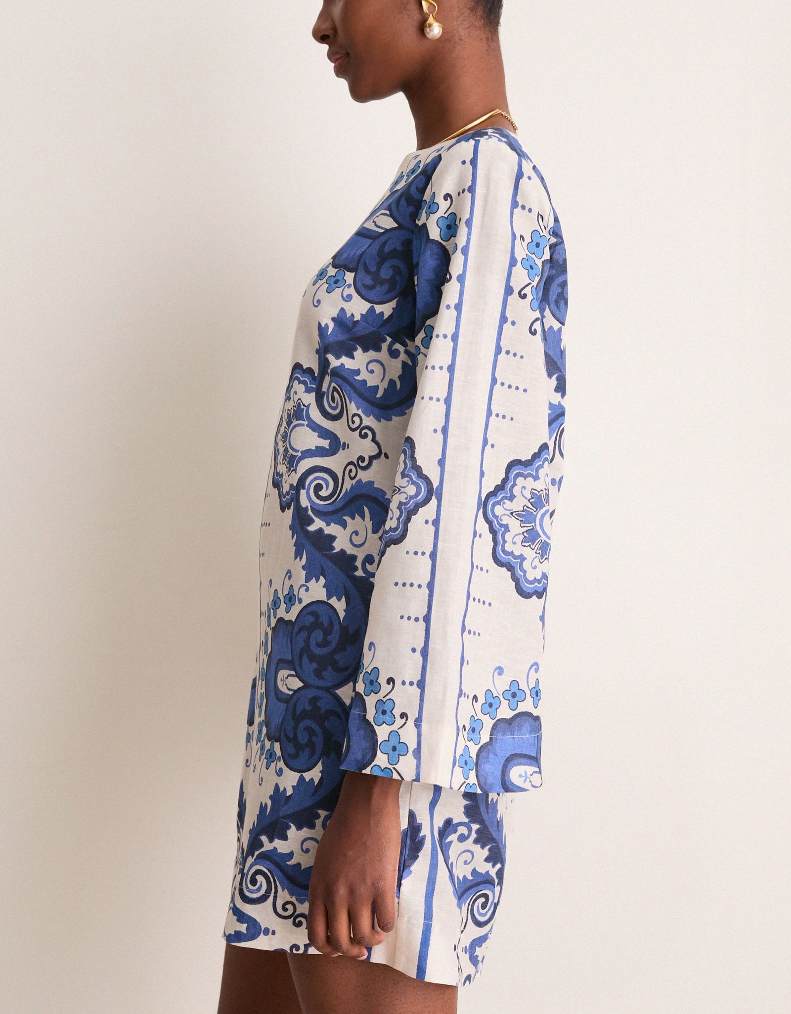 Ultramarine Medallion Cotton Linen Linden Mini Dress