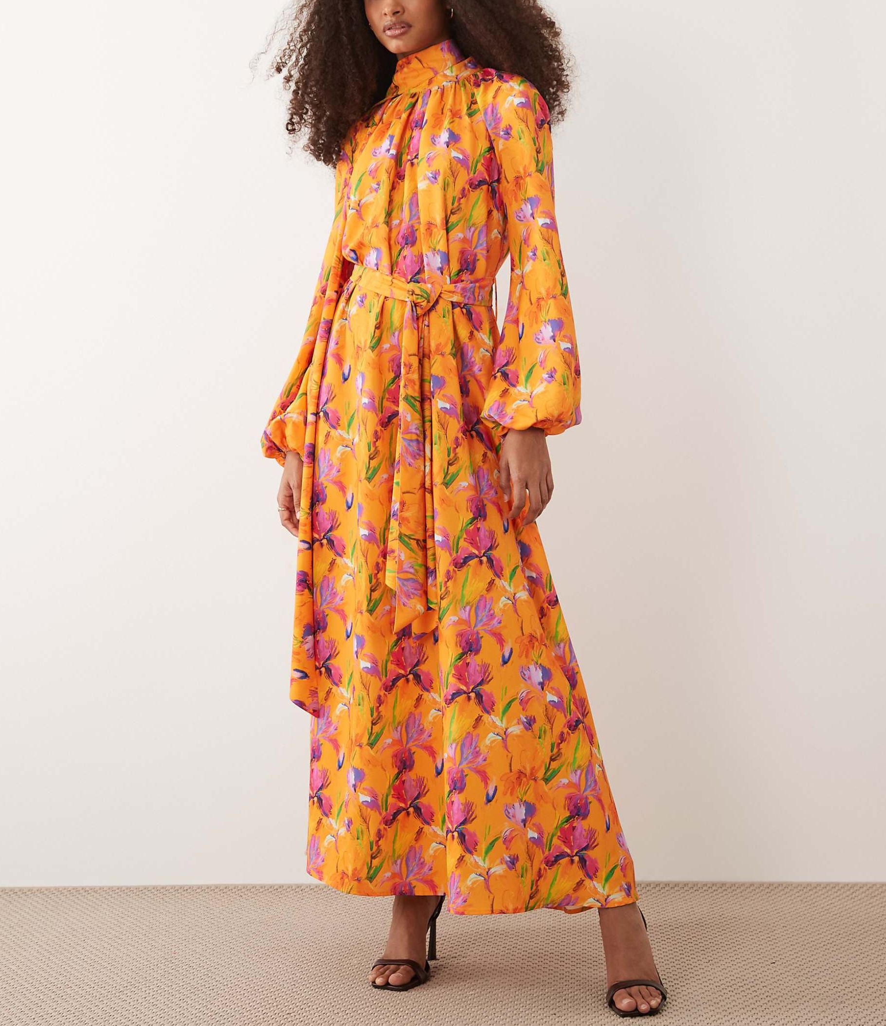 High Neck Balloon Sleeve Tie Waist Maxi Dress