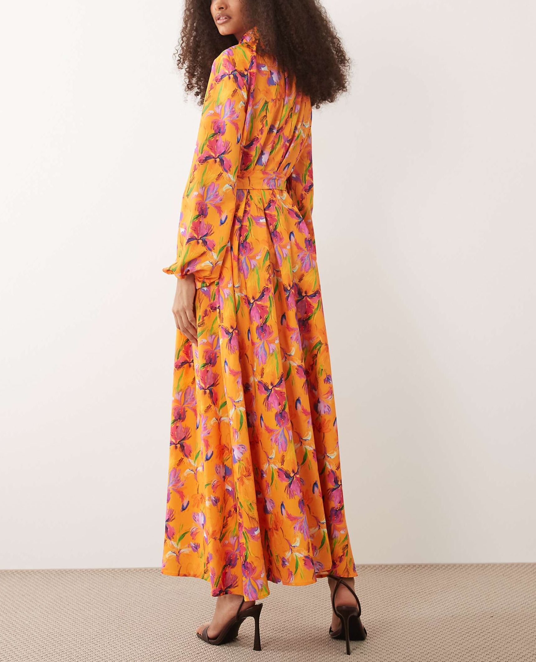 High Neck Balloon Sleeve Tie Waist Maxi Dress