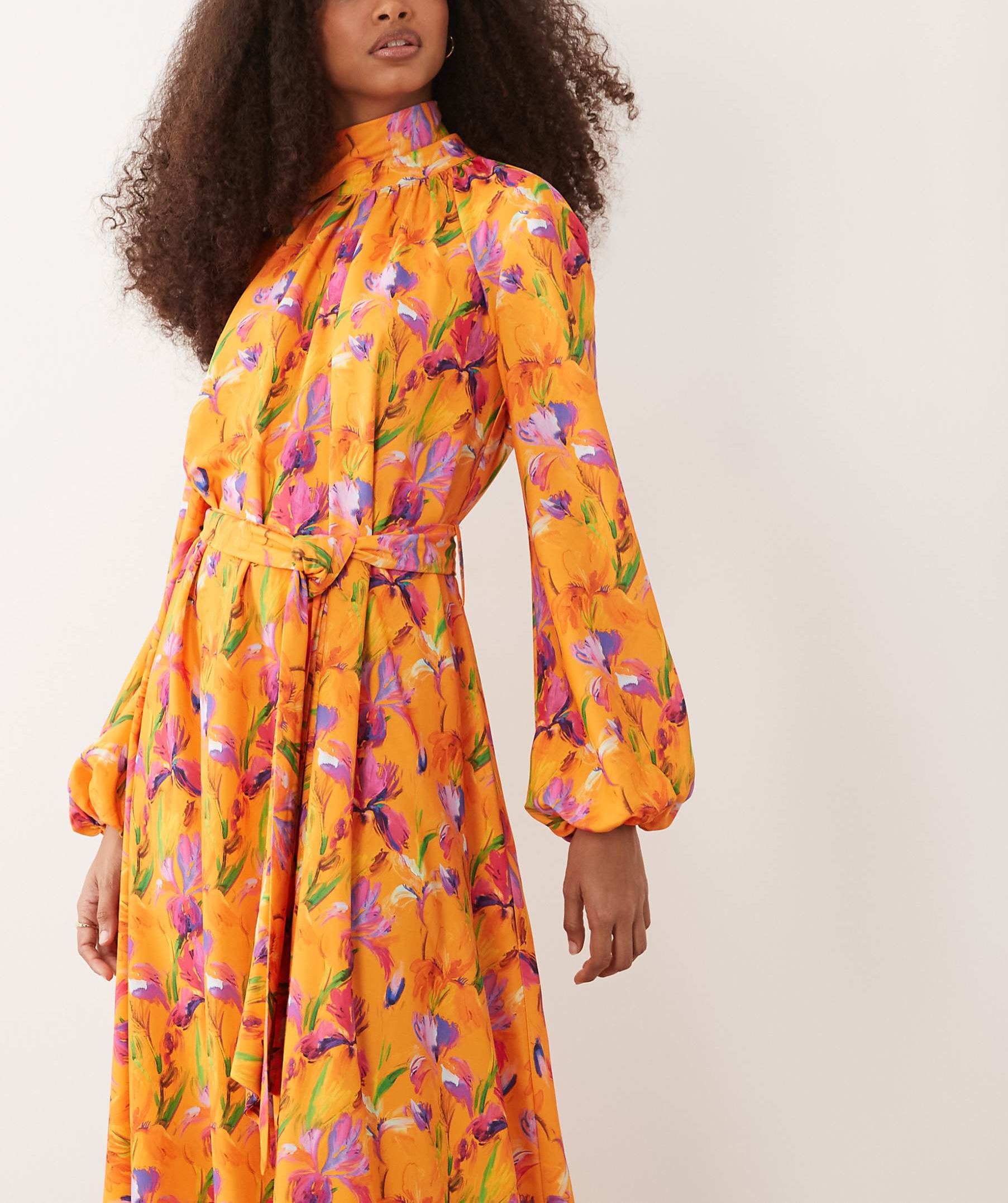 High Neck Balloon Sleeve Tie Waist Maxi Dress