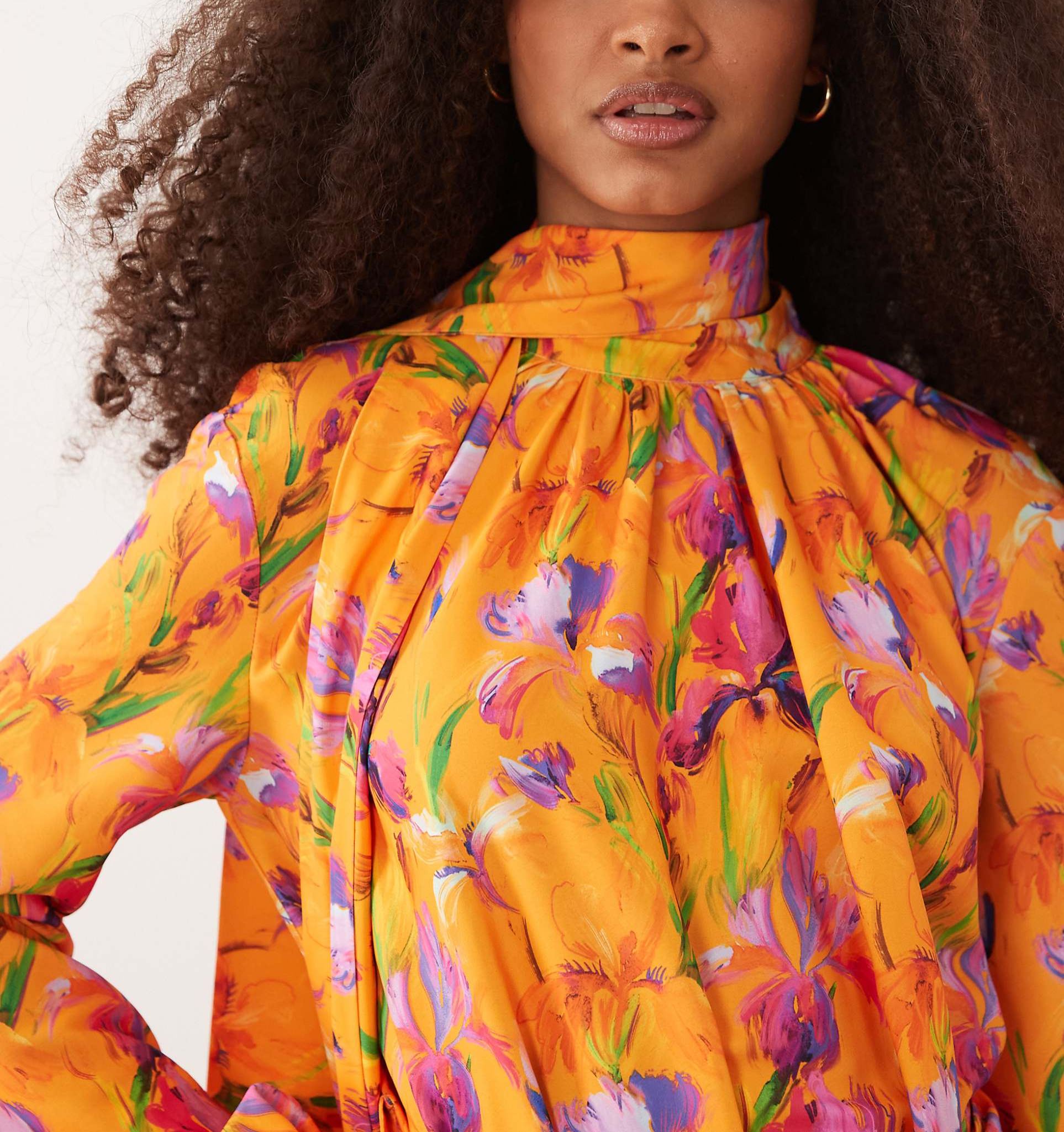 High Neck Balloon Sleeve Tie Waist Maxi Dress