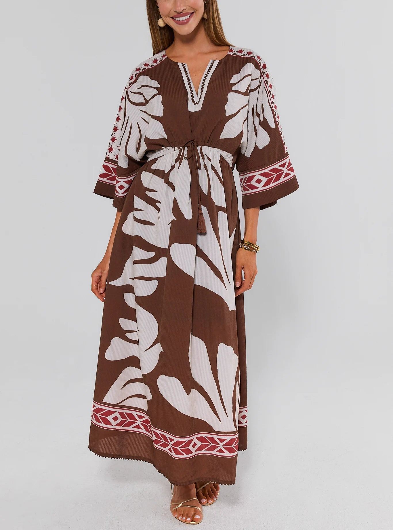 Brown Palm Print Maxi Dress